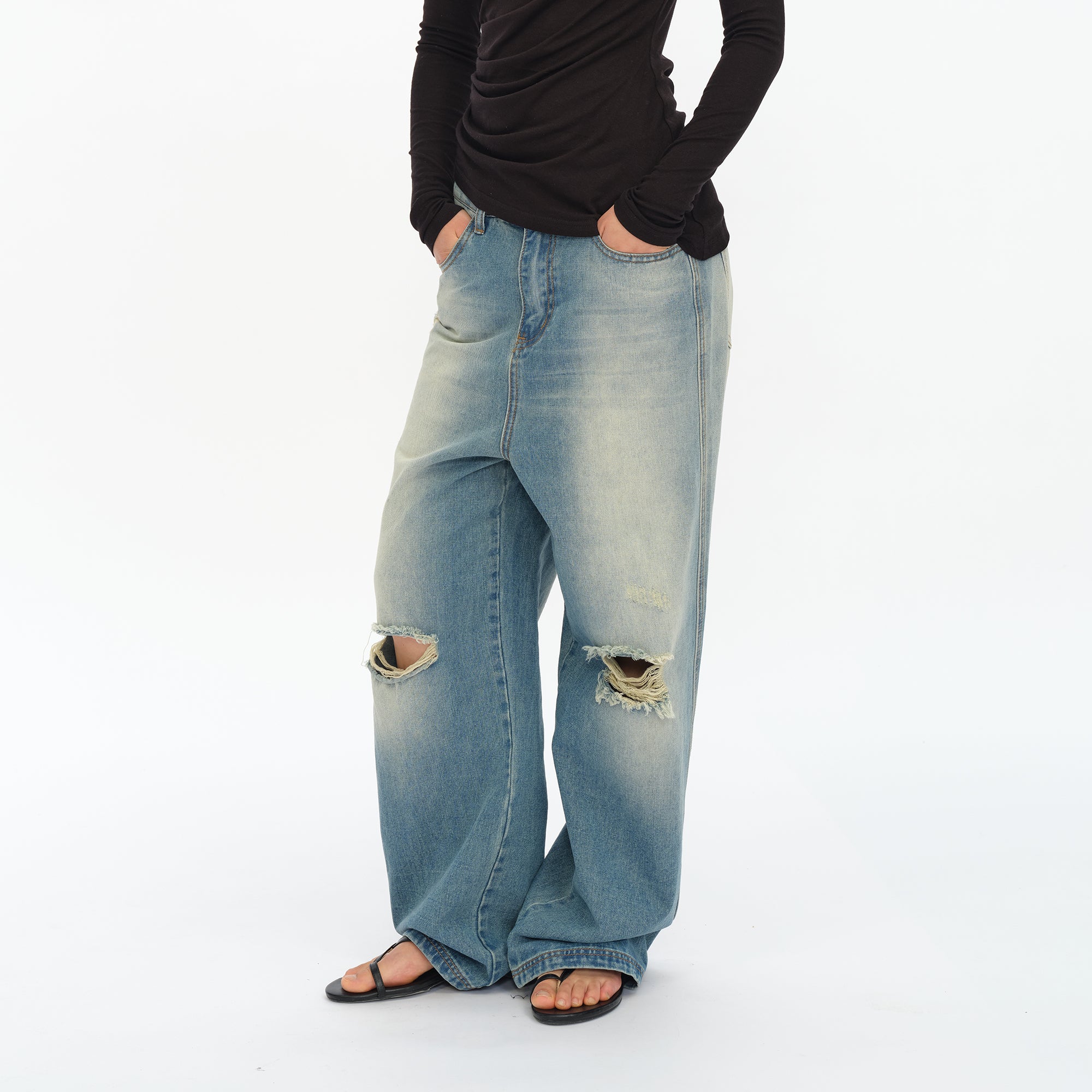 OINIMI Distressed Washed Wide-Leg Jeans