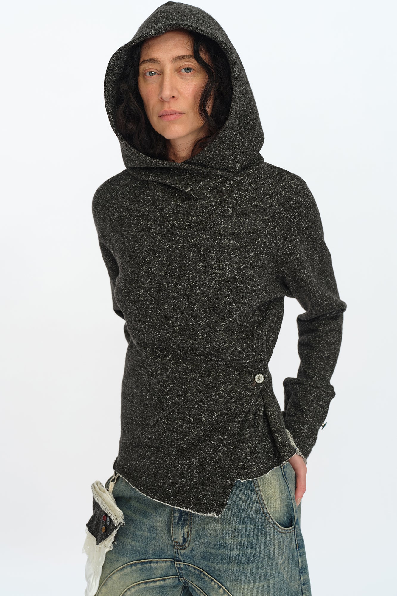 OINIMI Asymmetrical Cinched Speckled Hoodie