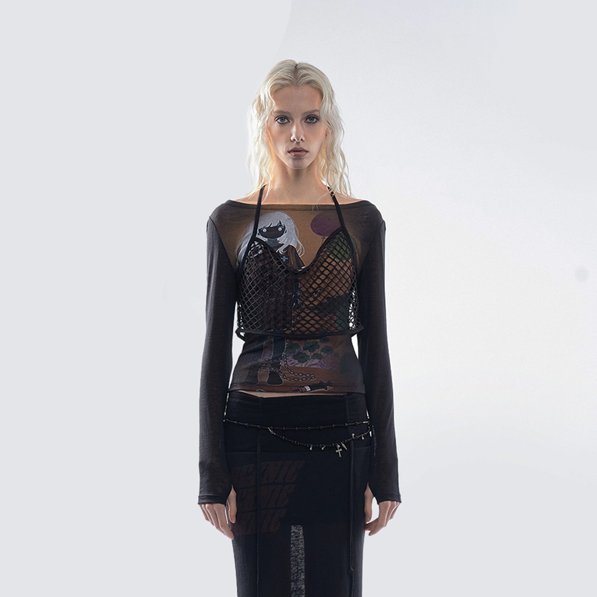 EMOHA Fishnet Overlay Graphic Sheer Long Sleeve Tee