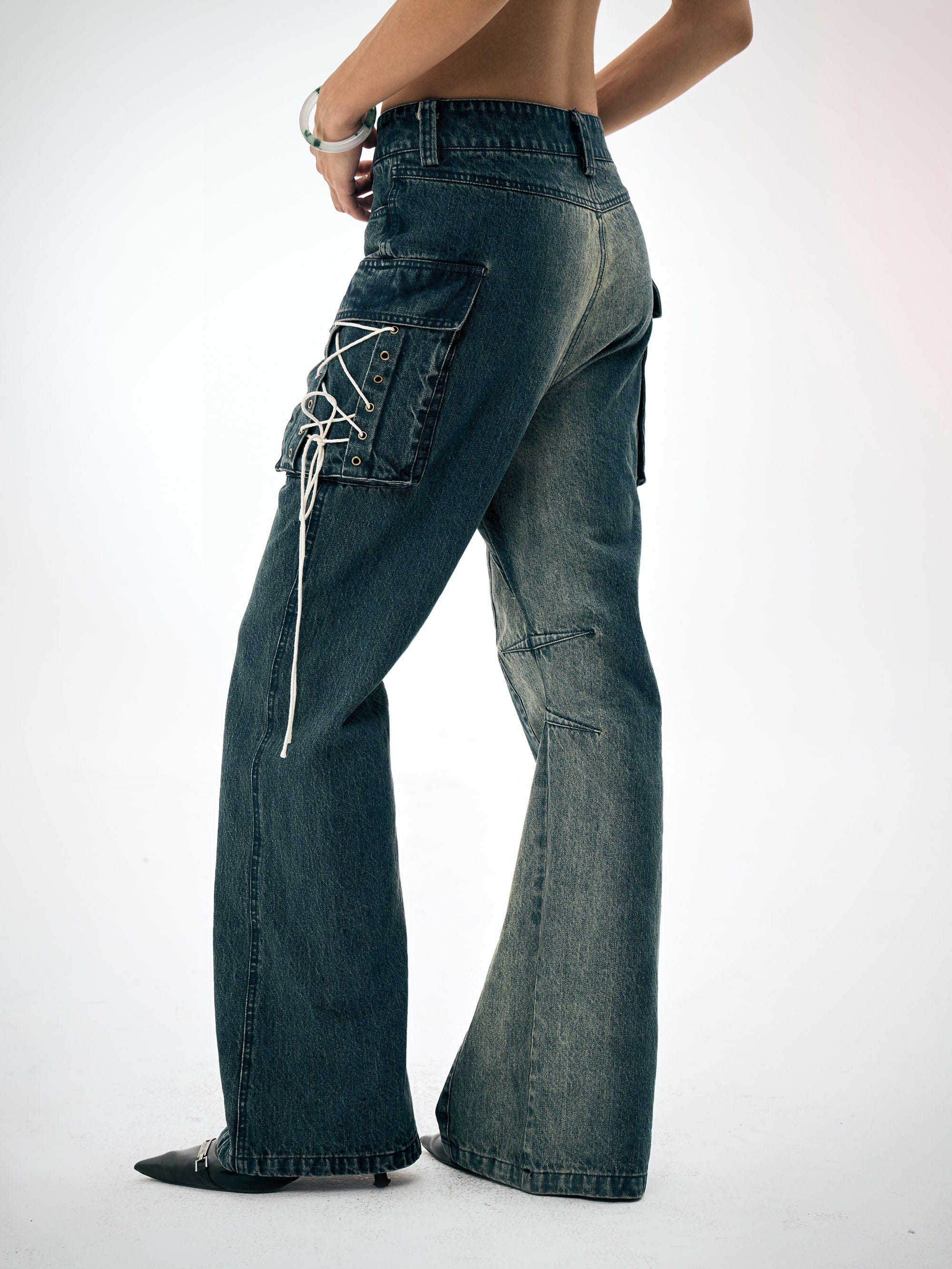FAYCHUI Gradient Washed Lace-Up Pocket Jeans