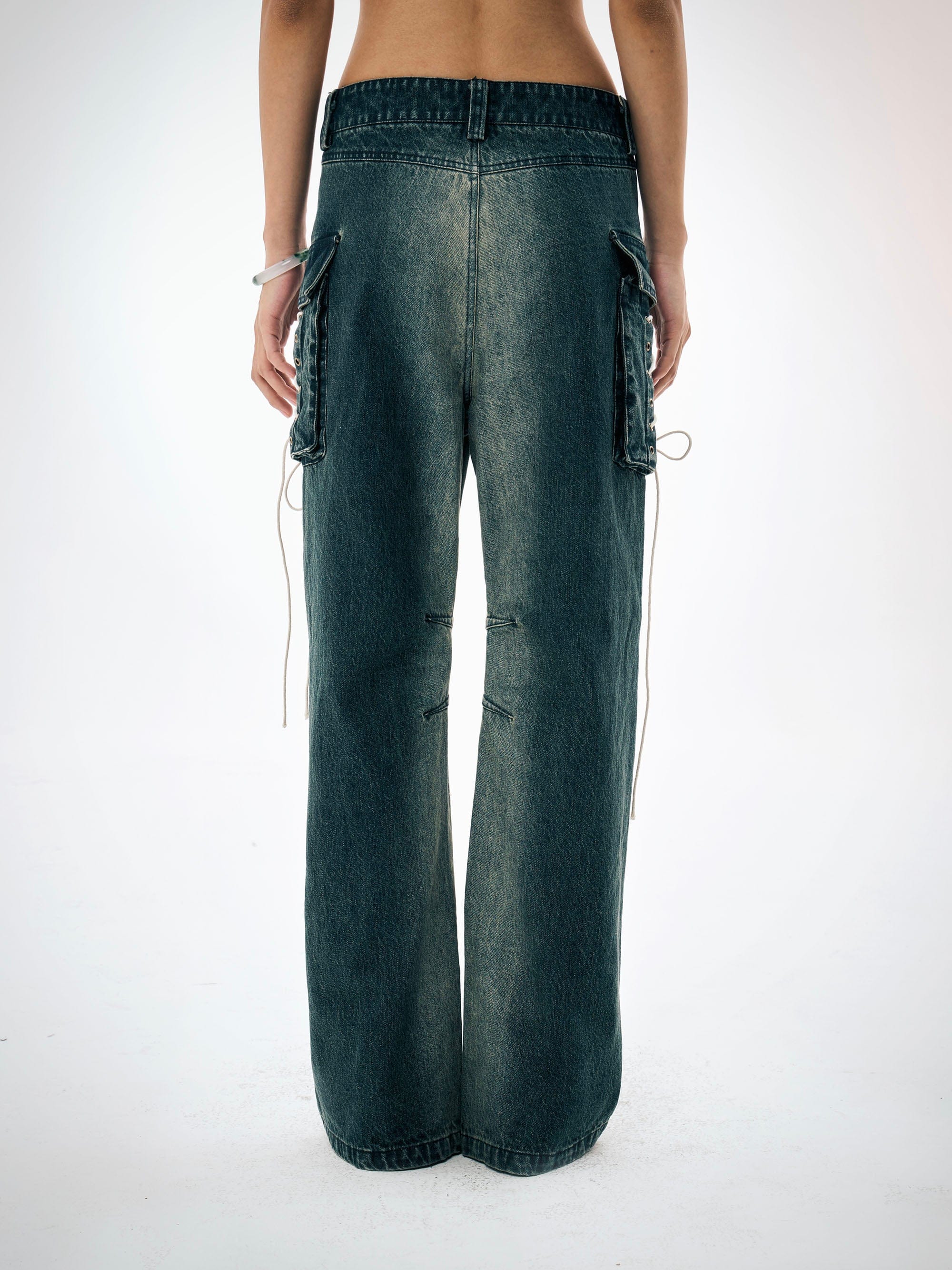 FAYCHUI Gradient Washed Lace-Up Pocket Jeans