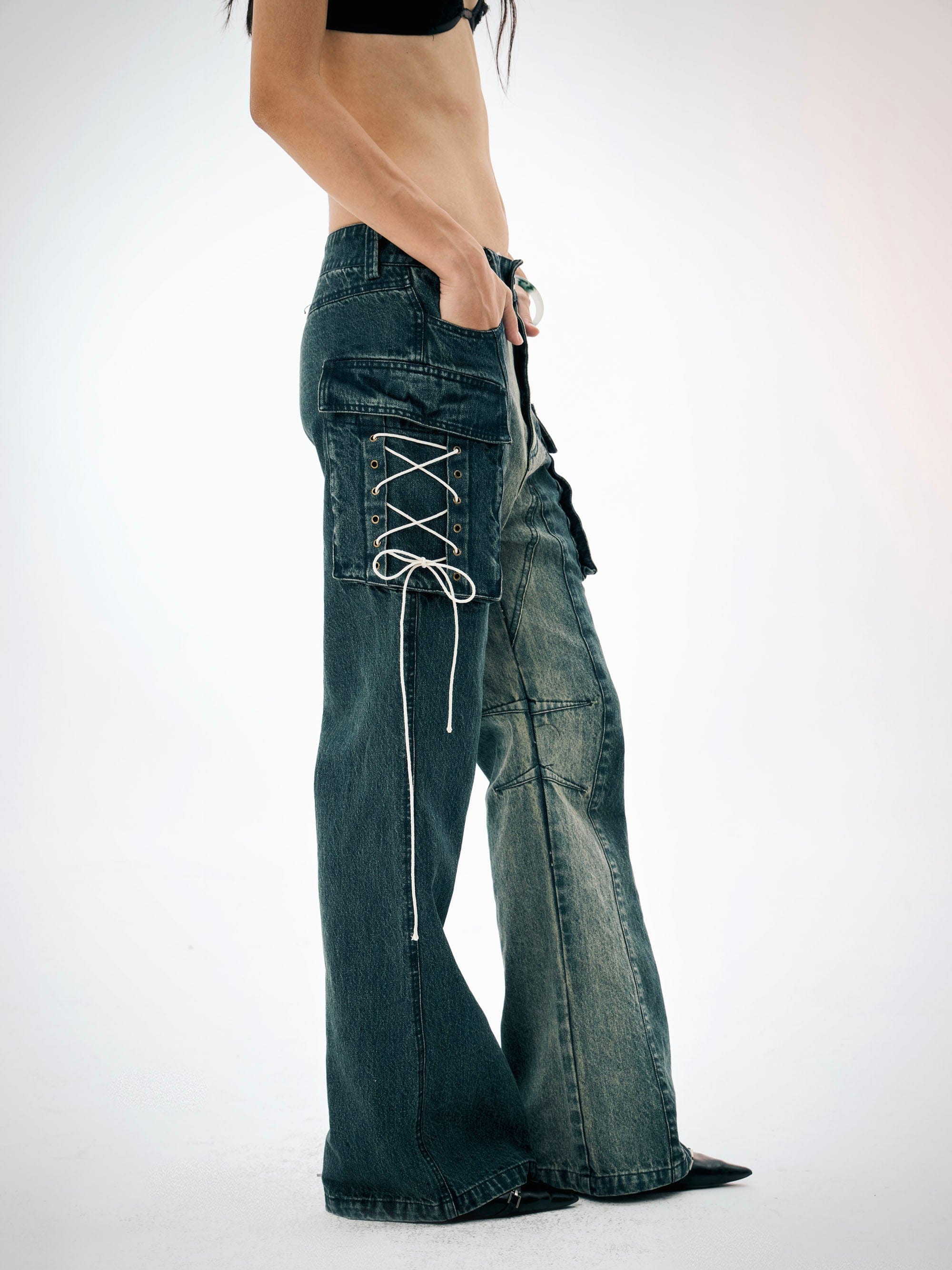 FAYCHUI Gradient Washed Lace-Up Pocket Jeans