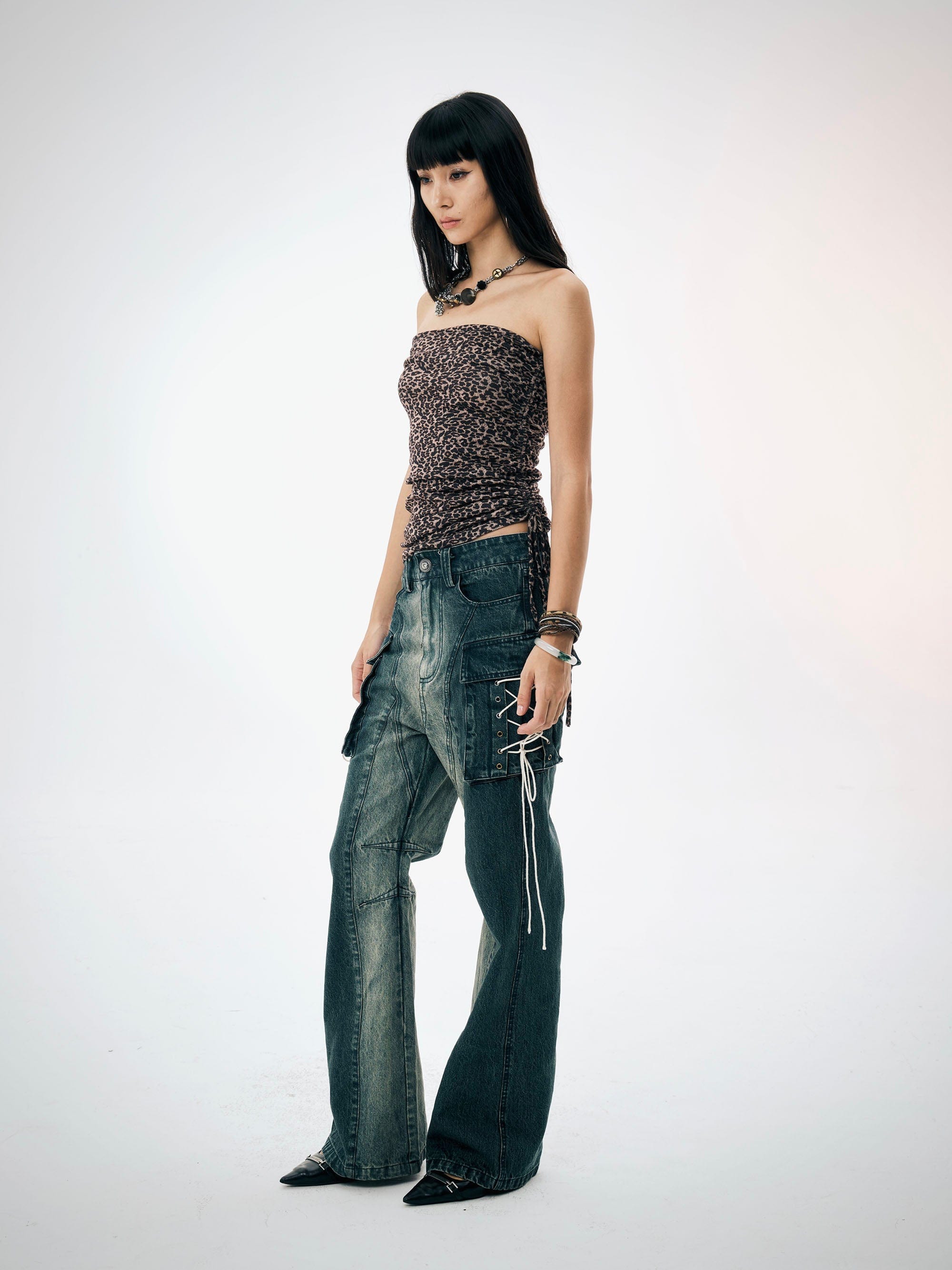 FAYCHUI Gradient Washed Lace-Up Pocket Jeans