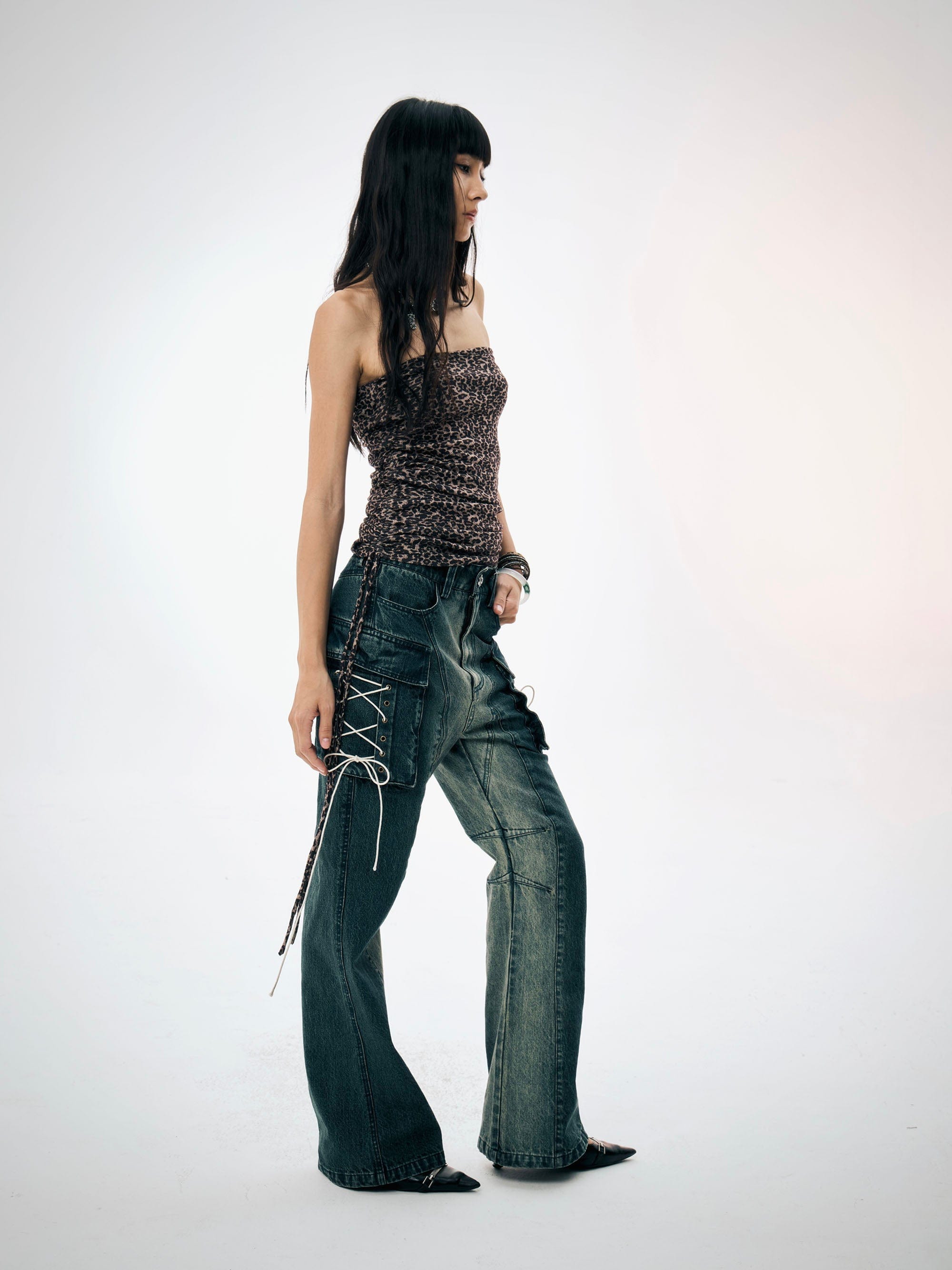 FAYCHUI Gradient Washed Lace-Up Pocket Jeans