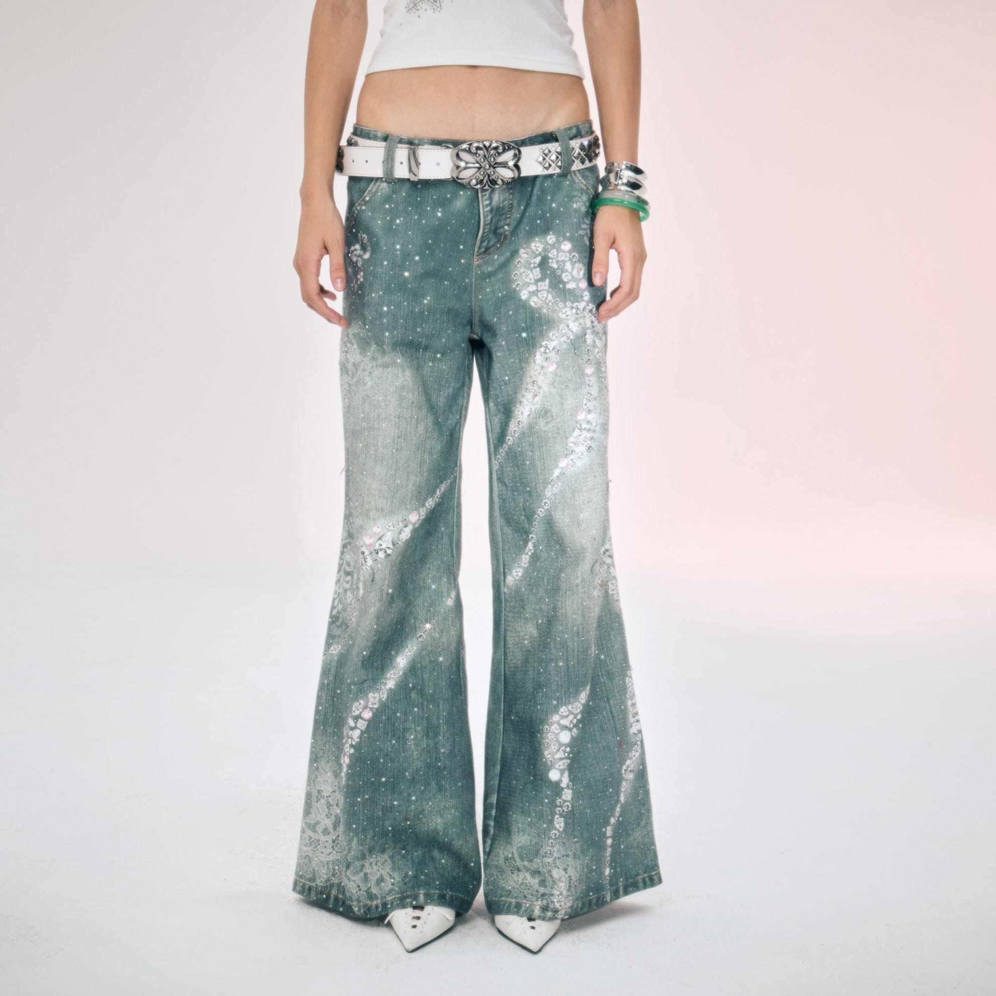FAYCHUI Washed Crystal Bow Wide-Leg Jeans
