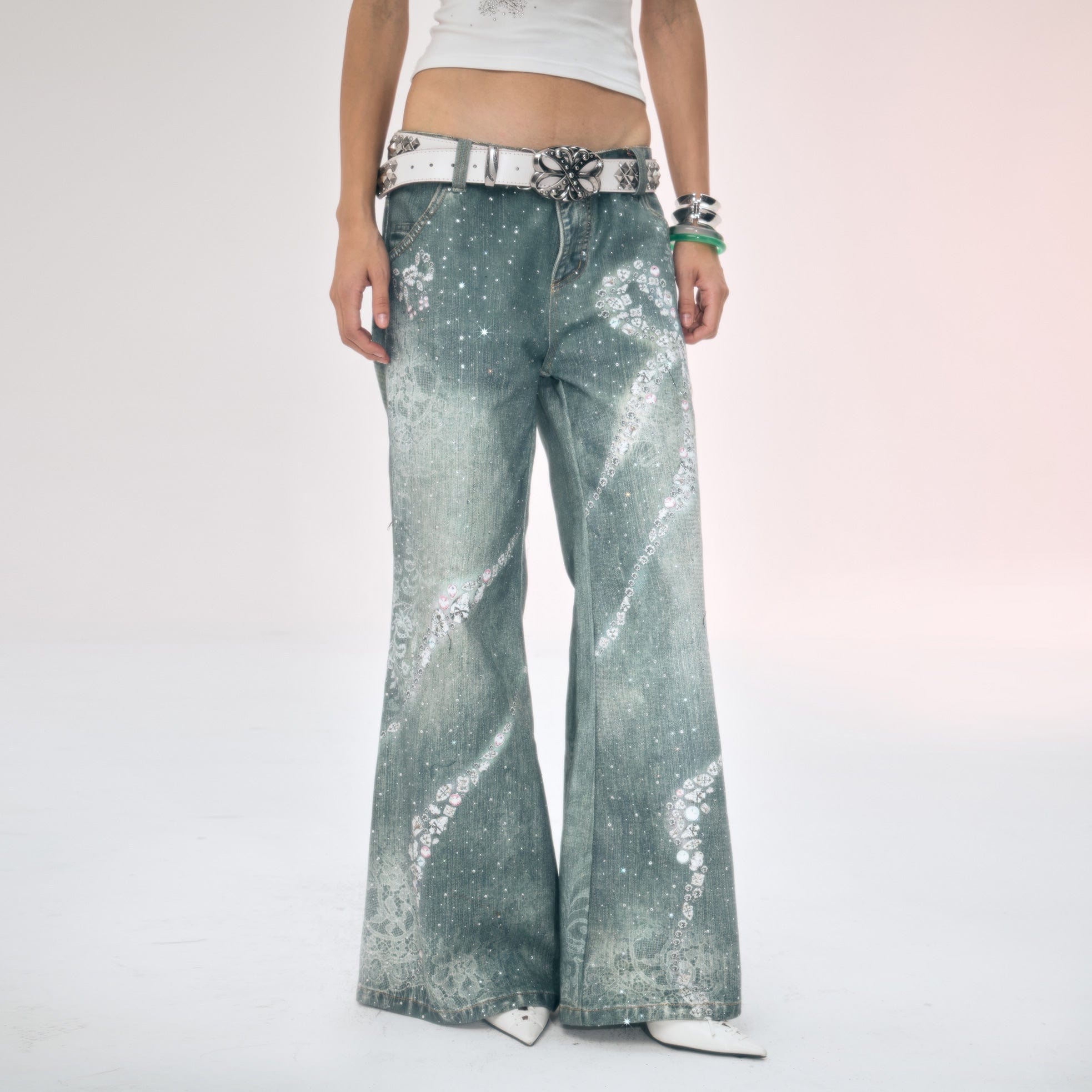 FAYCHUI Washed Crystal Bow Wide-Leg Jeans