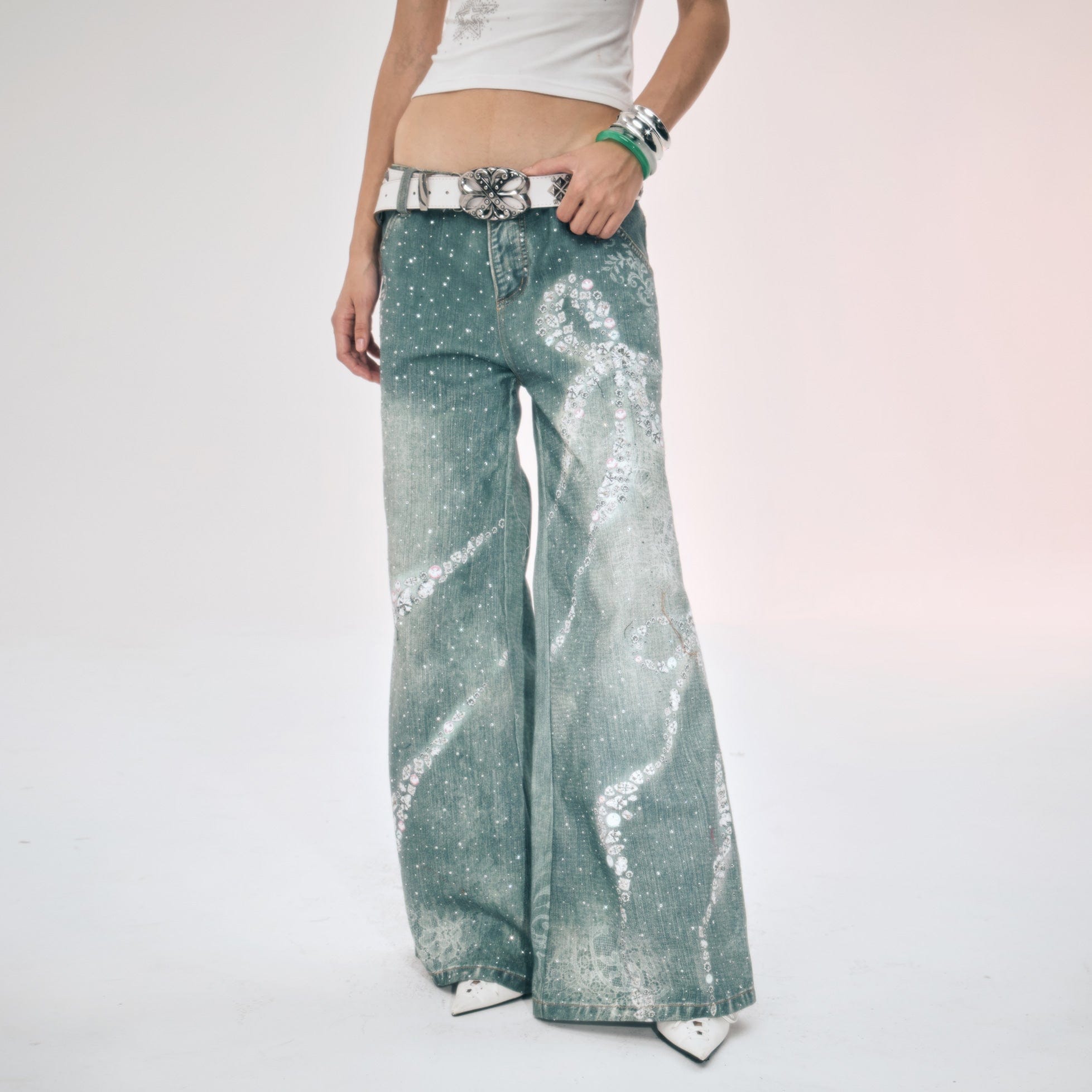 FAYCHUI Washed Crystal Bow Wide-Leg Jeans