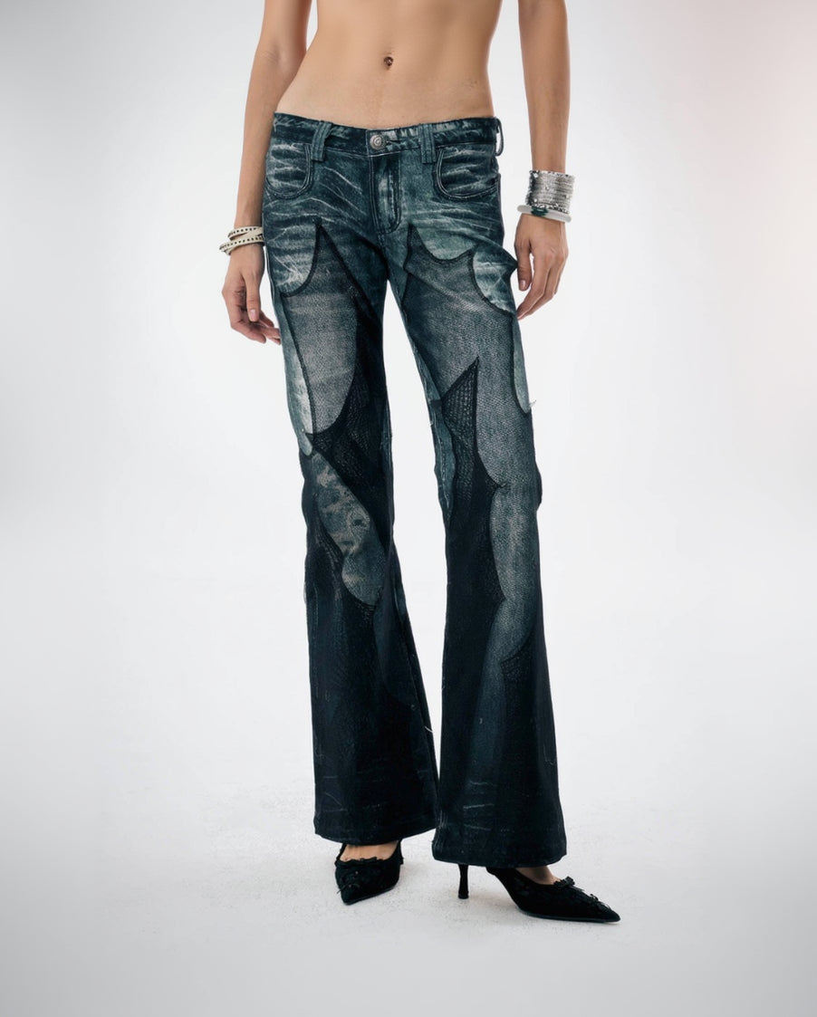 DND4DES×Faychui Mesh-Panelled Washed Flared Jeans, premium urban and streetwear designers apparel on PROJECTISR.com, DND4DES