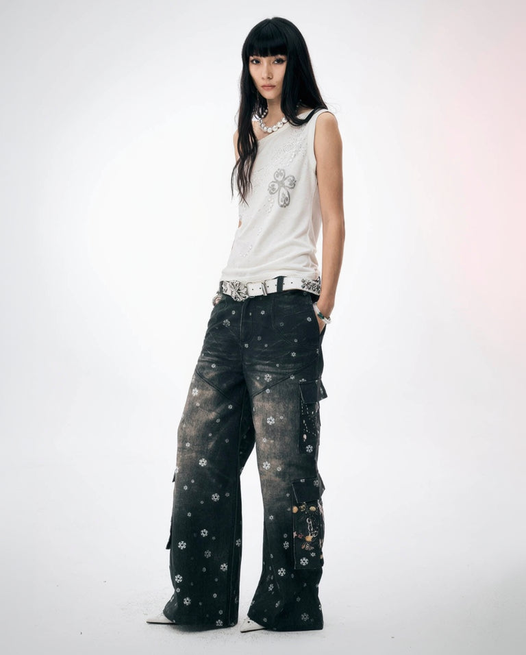 DND4DES×Faychui Snowflake Full-Print Spliced Multi-Pocket Jeans, premium urban and streetwear designers apparel on PROJECTISR.com, DND4DES