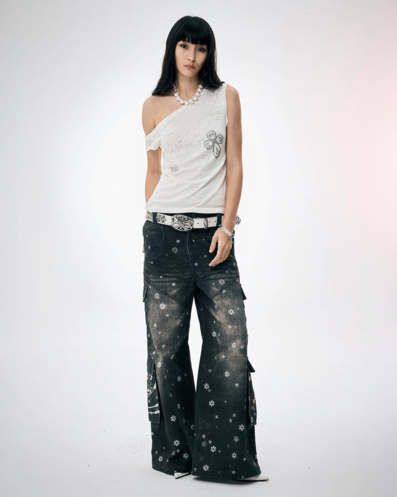 DND4DES×Faychui Snowflake Full-Print Spliced Multi-Pocket Jeans, premium urban and streetwear designers apparel on PROJECTISR.com, DND4DES