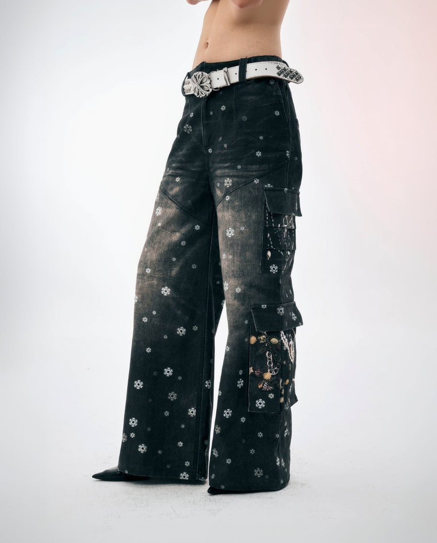 DND4DES×Faychui Snowflake Full-Print Spliced Multi-Pocket Jeans, premium urban and streetwear designers apparel on PROJECTISR.com, DND4DES