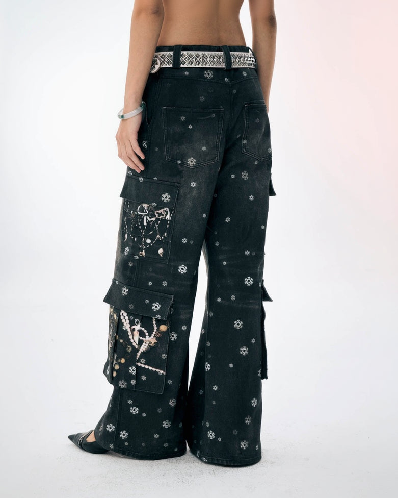 DND4DES×Faychui Snowflake Full-Print Spliced Multi-Pocket Jeans, premium urban and streetwear designers apparel on PROJECTISR.com, DND4DES