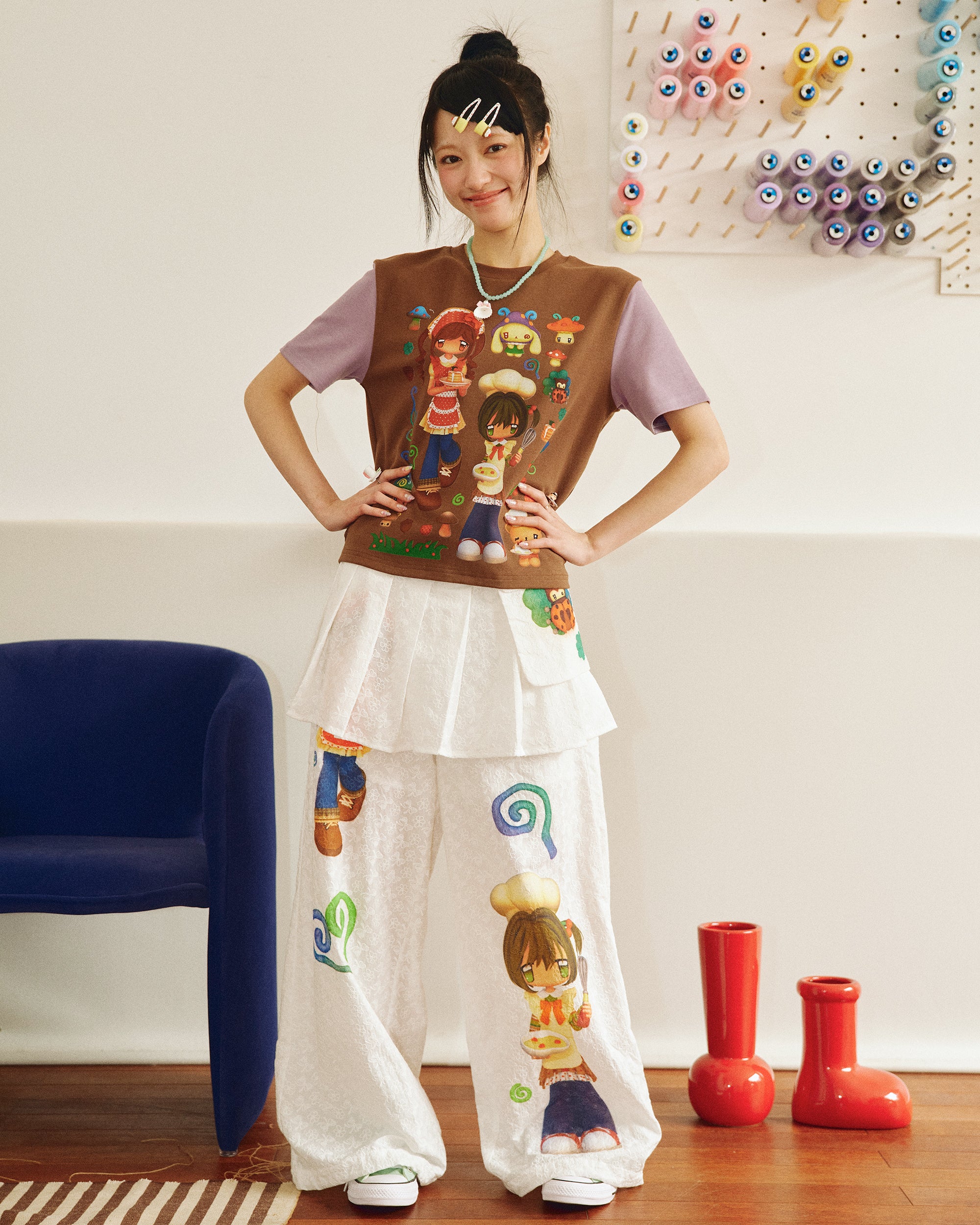HAVE A MEAL x Caramel Cartoon Graphics Detachable Skirt Pants