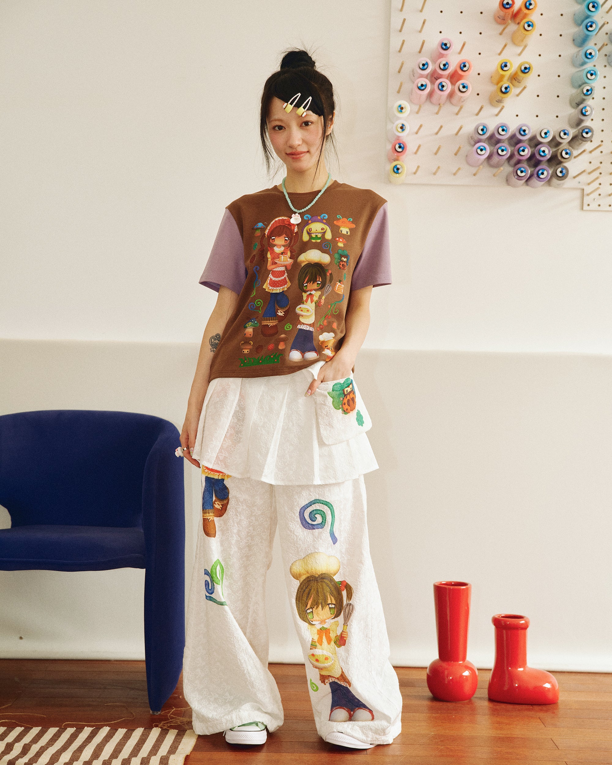 HAVE A MEAL x Caramel Cartoon Graphics Detachable Skirt Pants