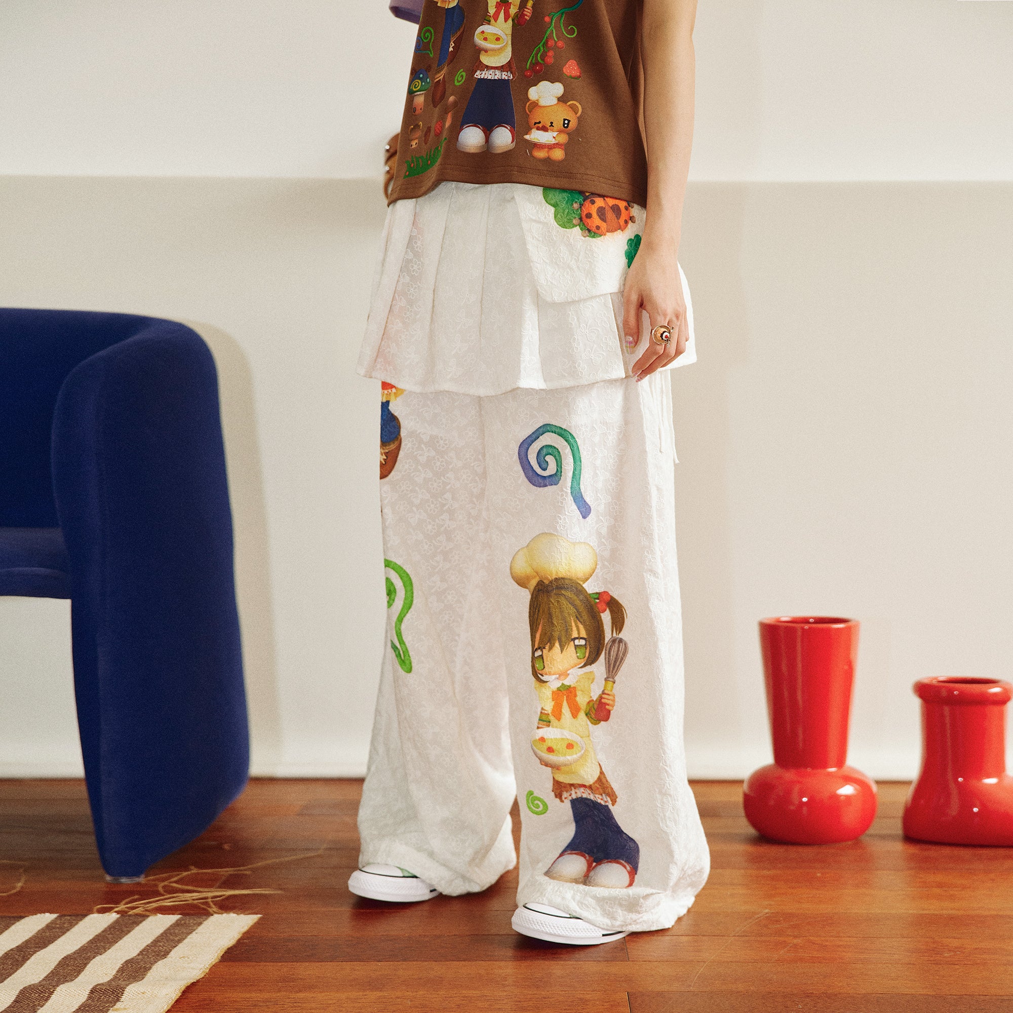 HAVE A MEAL x Caramel Cartoon Graphics Detachable Skirt Pants