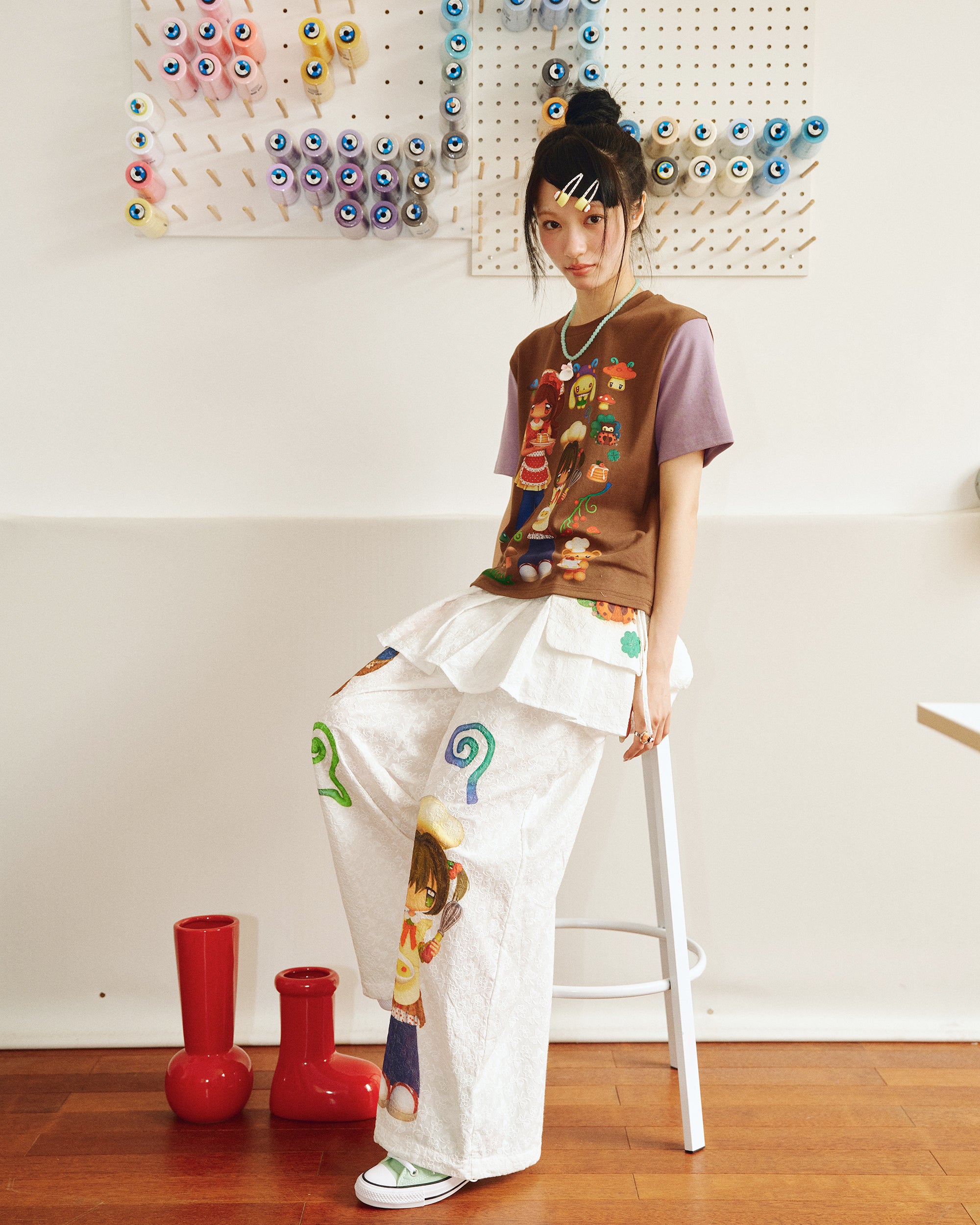 HAVE A MEAL x Caramel Cartoon Graphics Detachable Skirt Pants