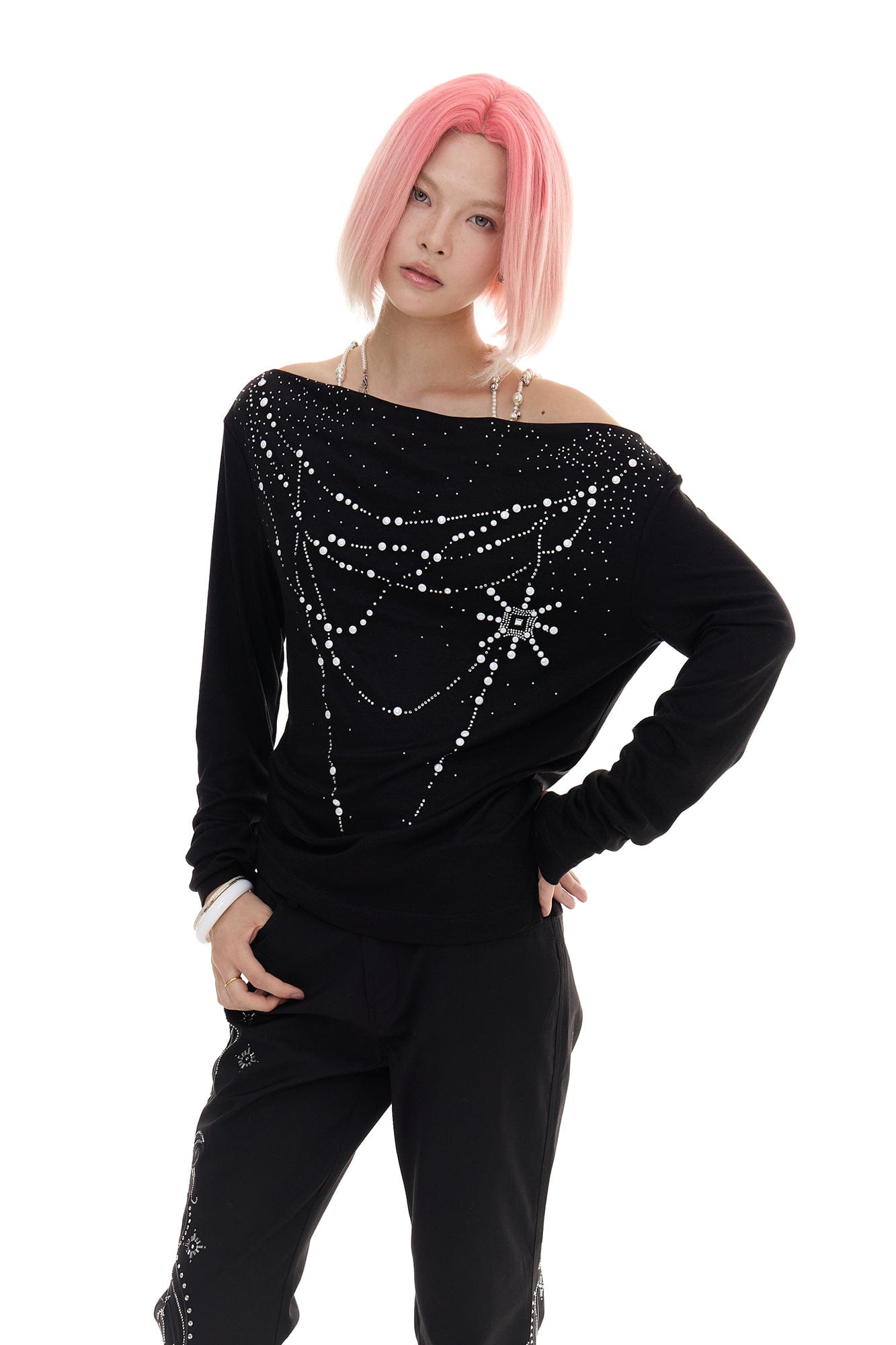 FAYCHUI Cowl Neck Pearl-Studded Long Sleeve Tee