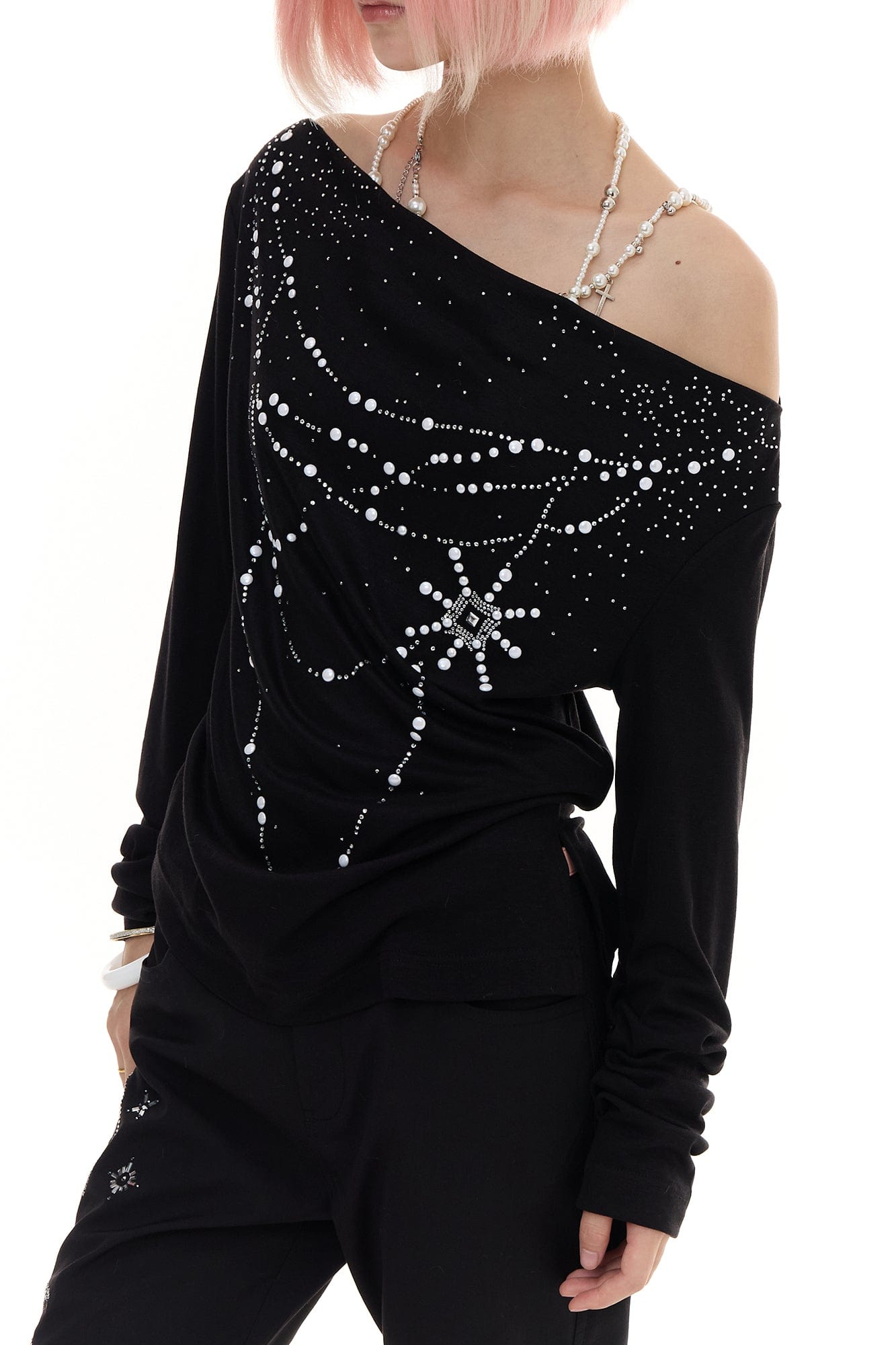 FAYCHUI Cowl Neck Pearl-Studded Long Sleeve Tee
