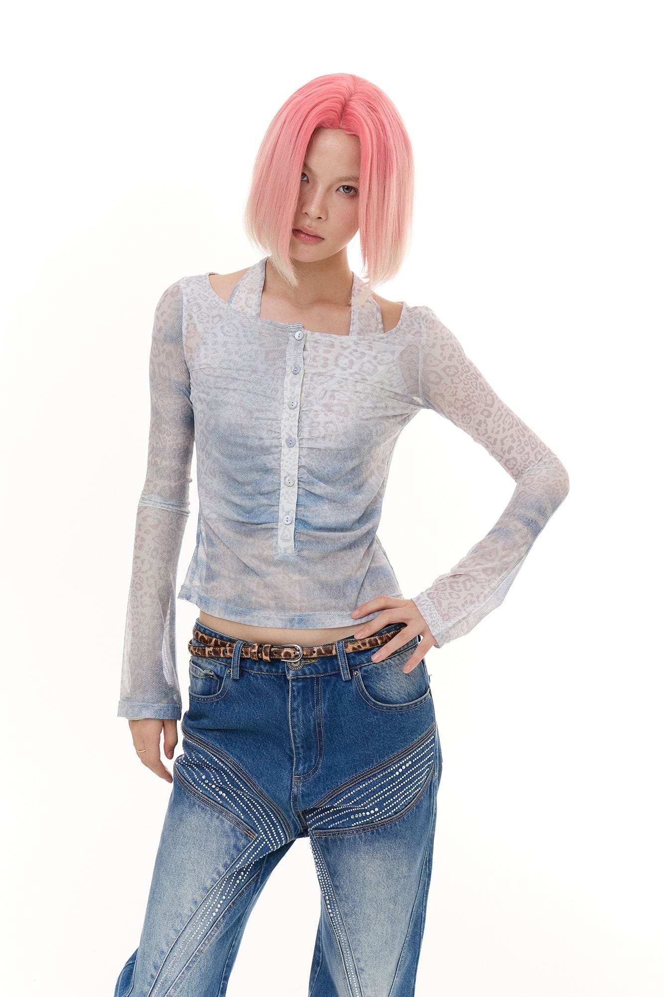 FAYCHUI Layered Leopard Mesh Long Sleeve Top