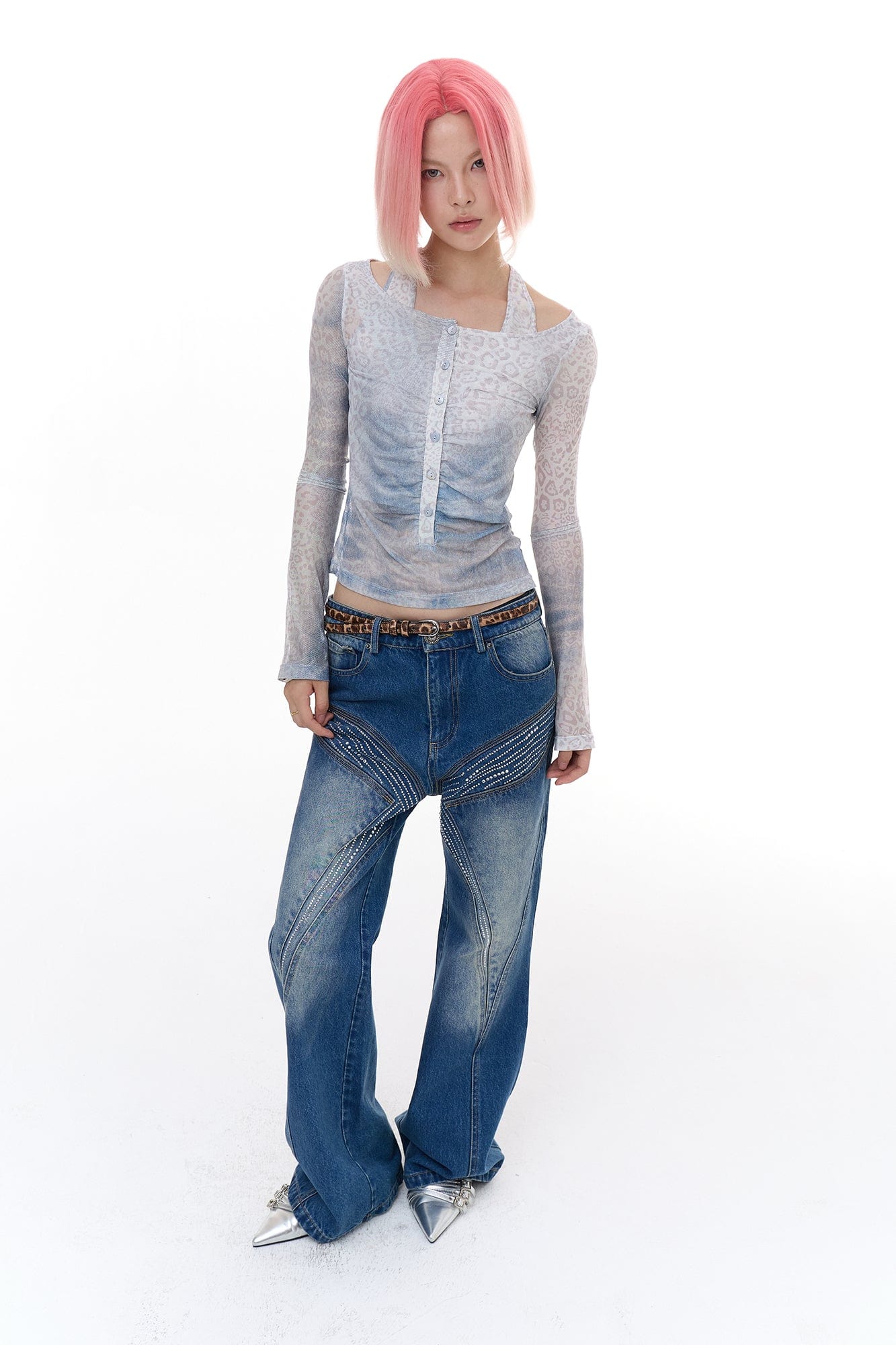FAYCHUI Washed Diamond Paneled Jeans