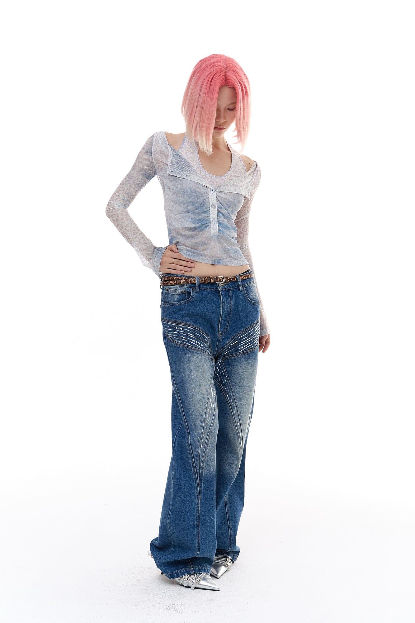 FAYCHUI Washed Diamond Paneled Jeans