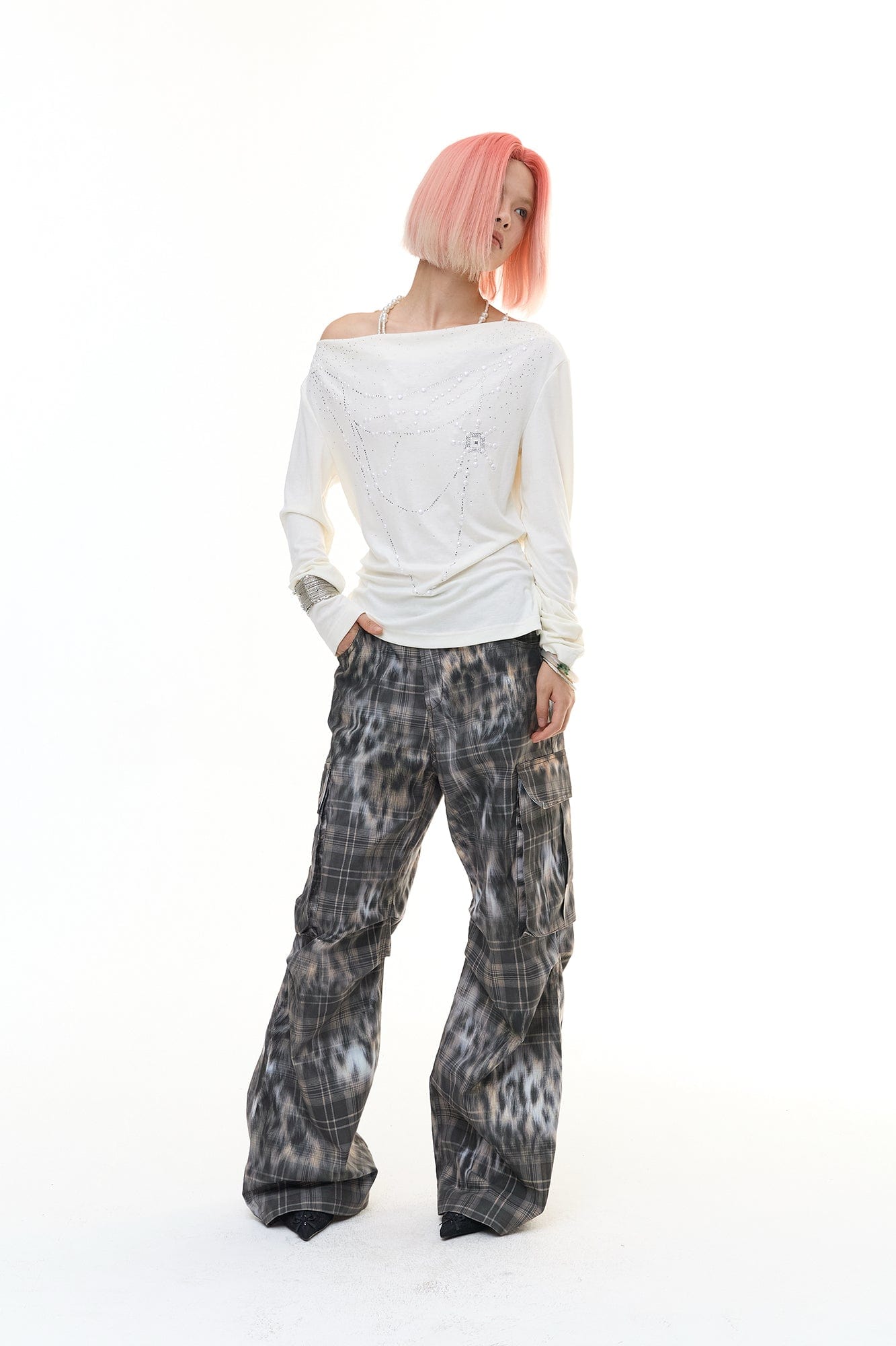FAYCHUI Multi-Pocket Leopard Plaid Utility Pants