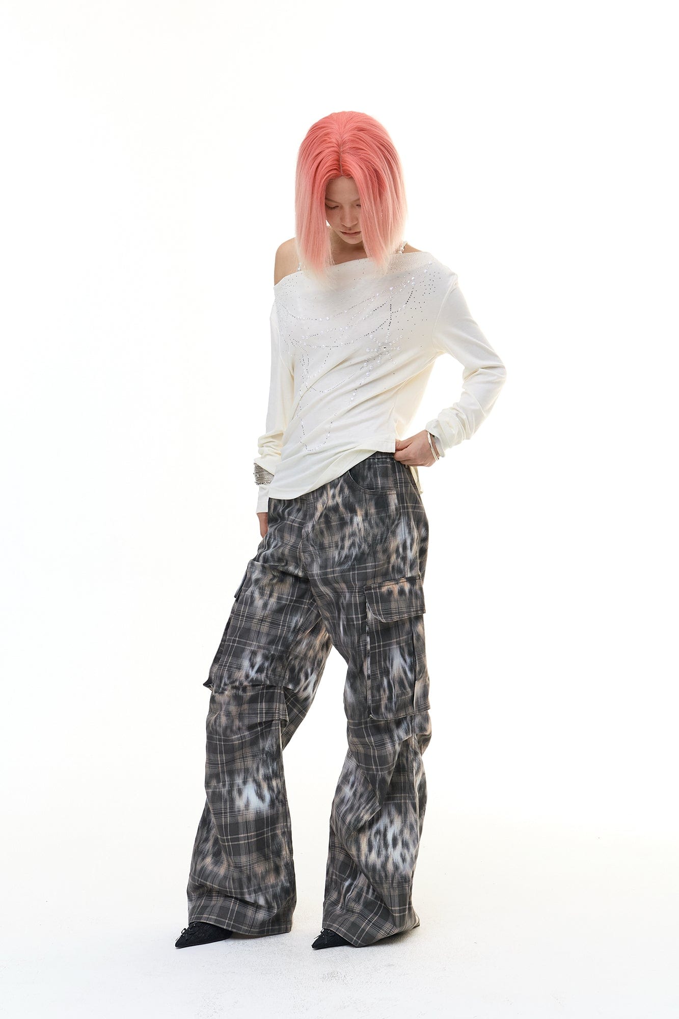 FAYCHUI Multi-Pocket Leopard Plaid Utility Pants
