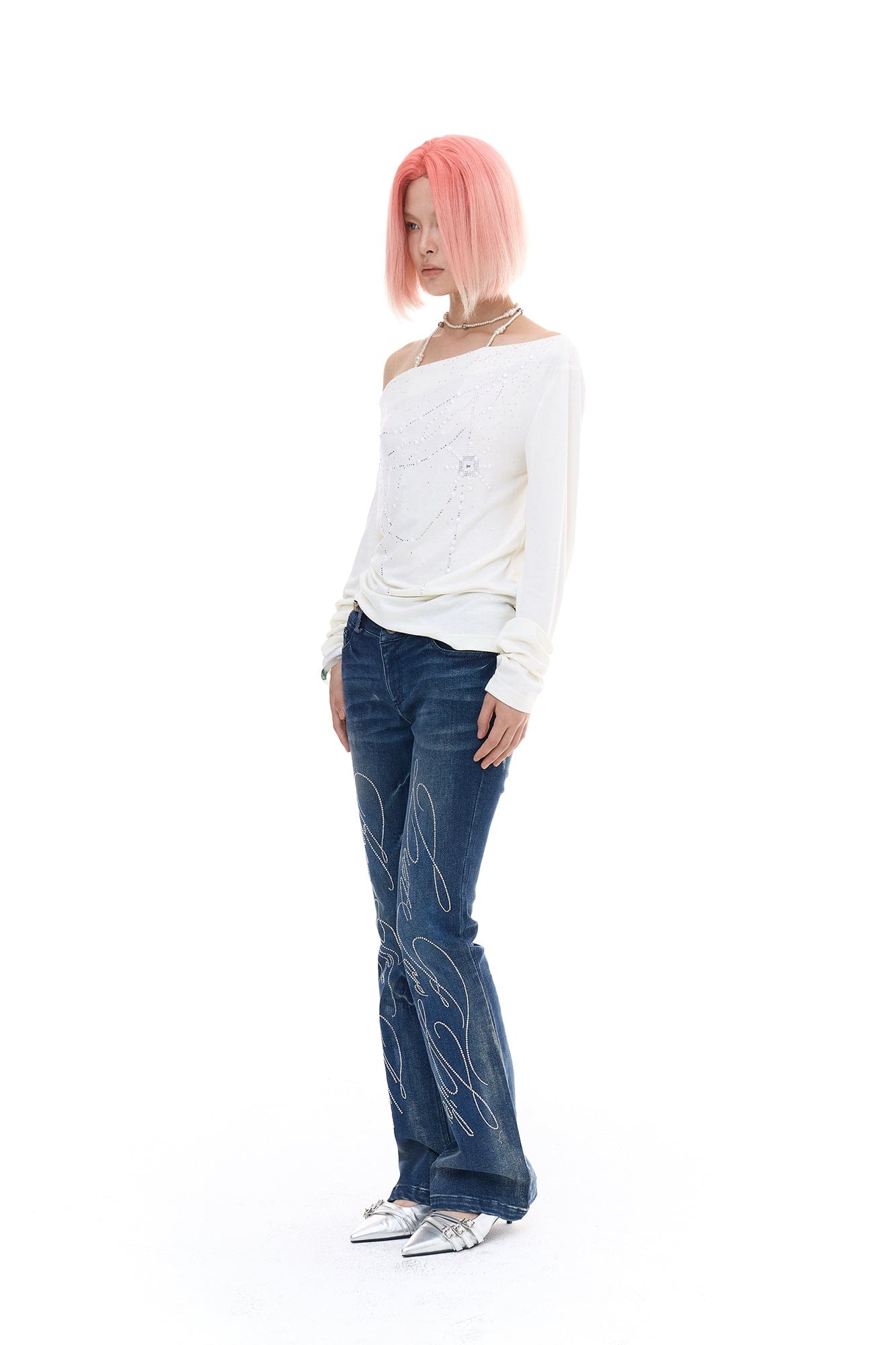 FAYCHUI Hip Pad Diamond Letter Jeans