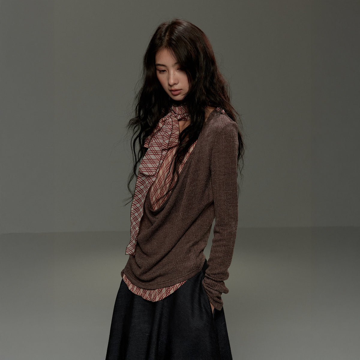 LVETONG Layered Plaid Scarf-Tie Cowl Long-Sleeve Tee