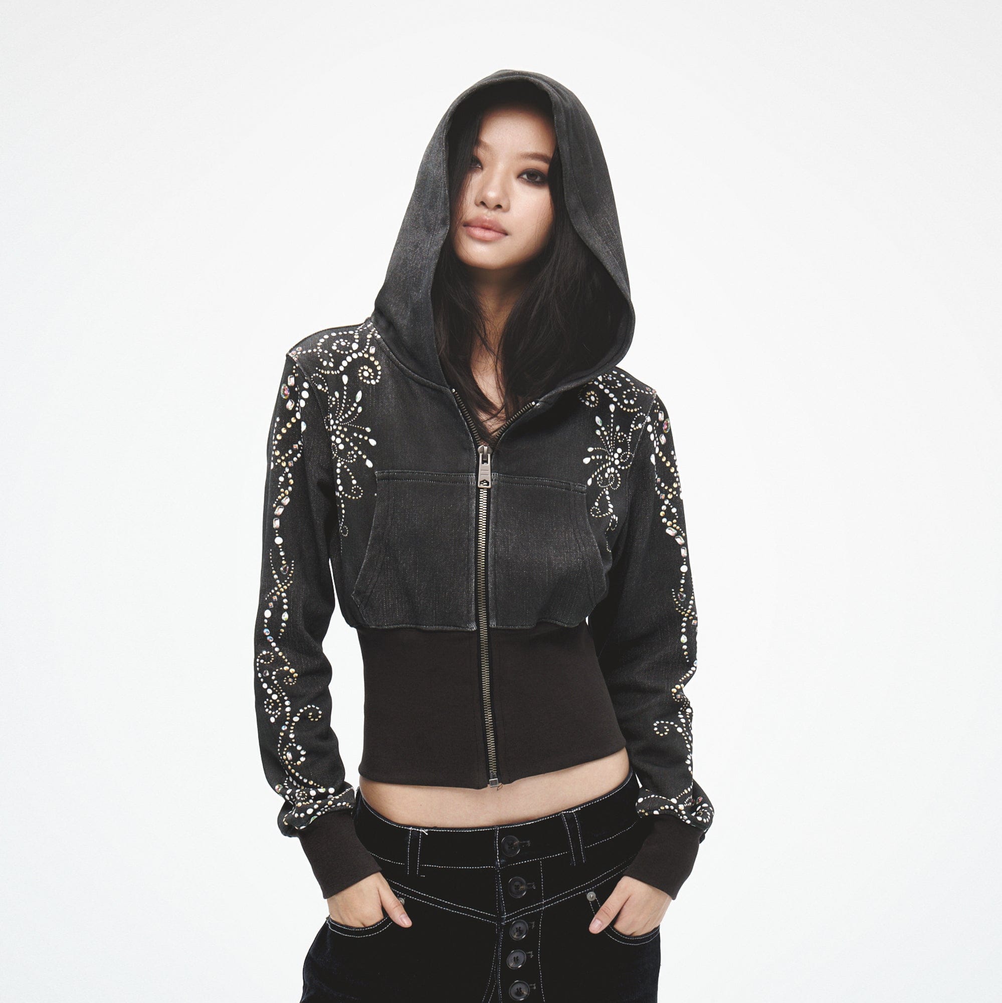 FAYCHUI Spiral Gem Studded Cropped Zip-Up Hoodie