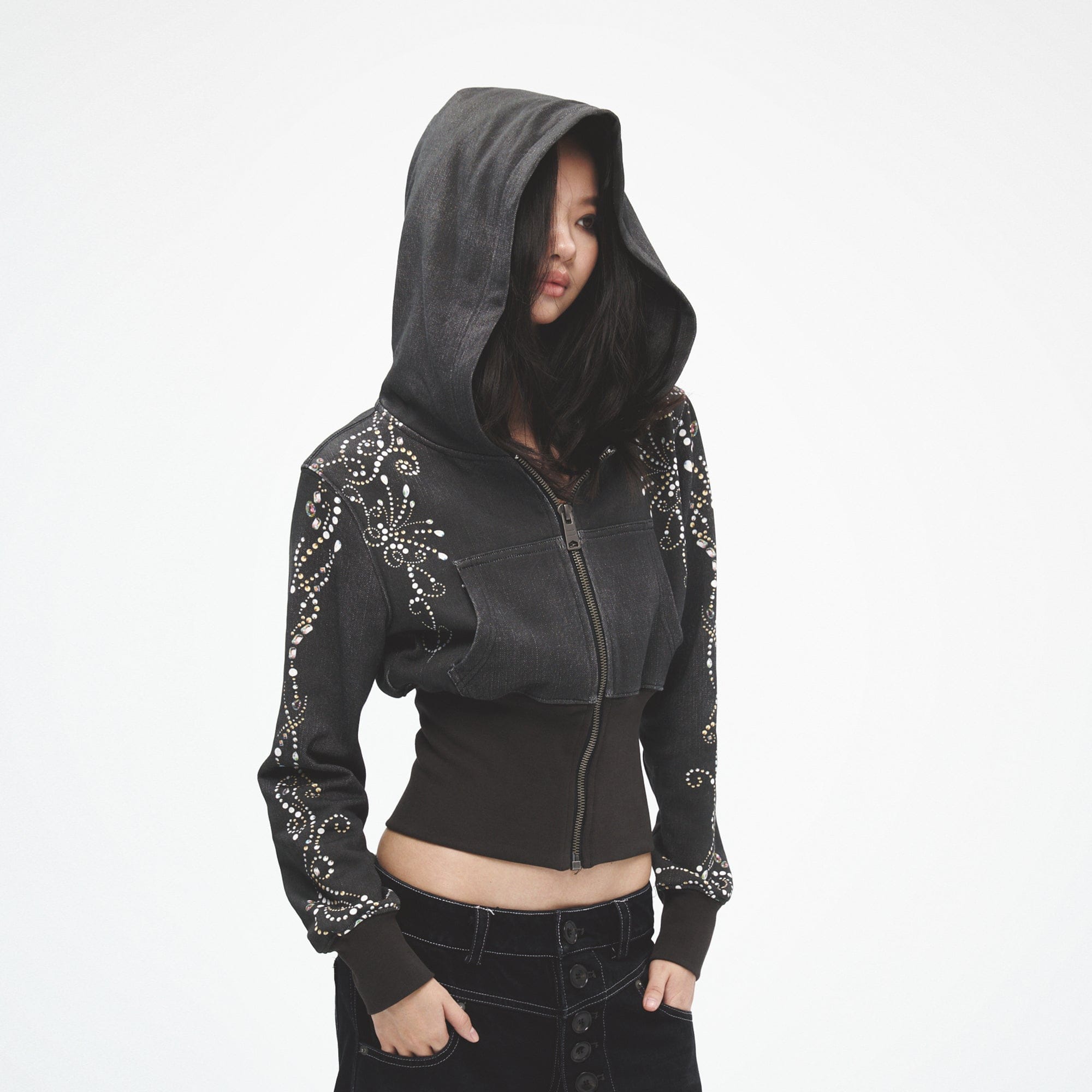 FAYCHUI Spiral Gem Studded Cropped Zip-Up Hoodie