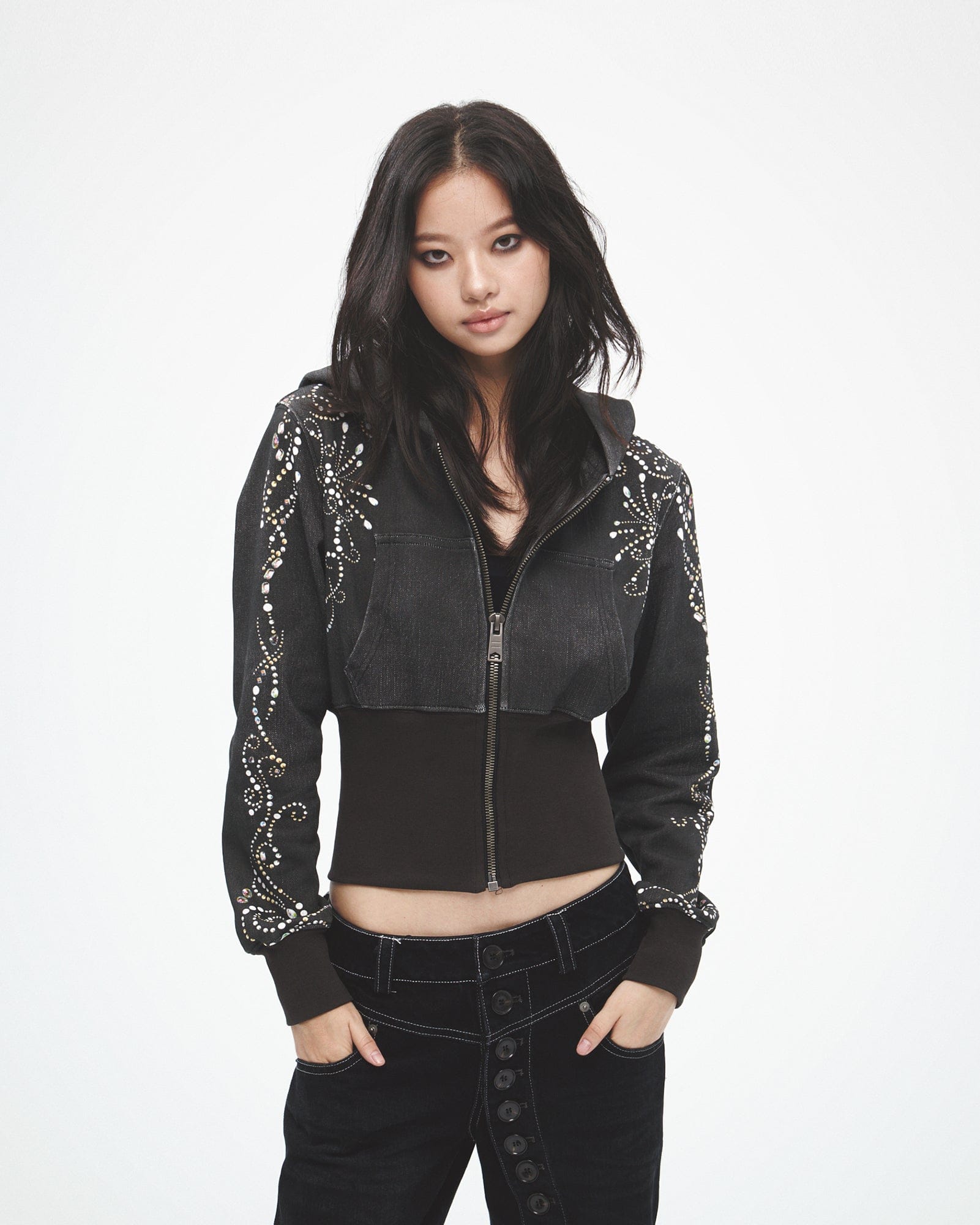FAYCHUI Spiral Gem Studded Cropped Zip-Up Hoodie