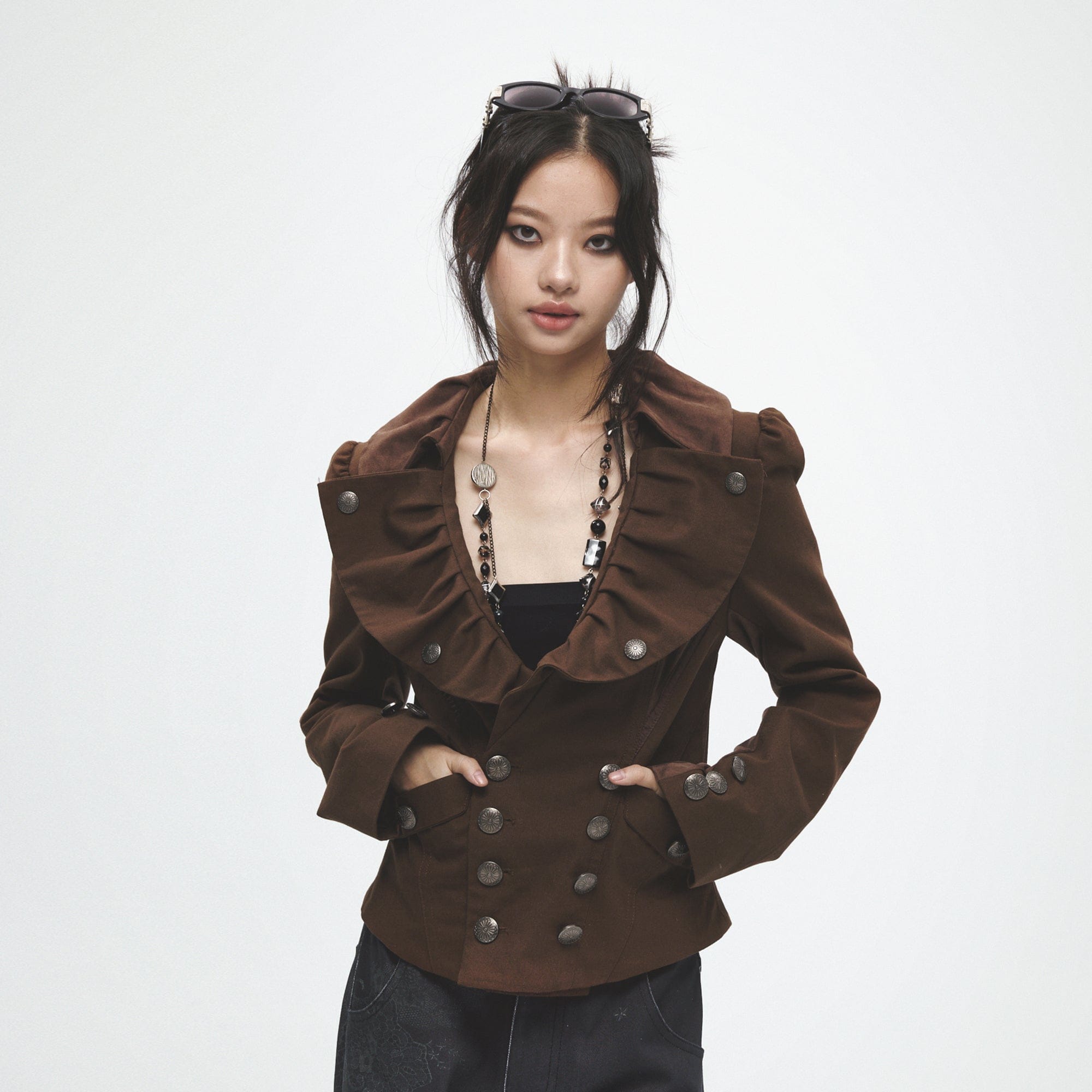 FAYCHUI Retro Pleated Ruffle Collar Jacket