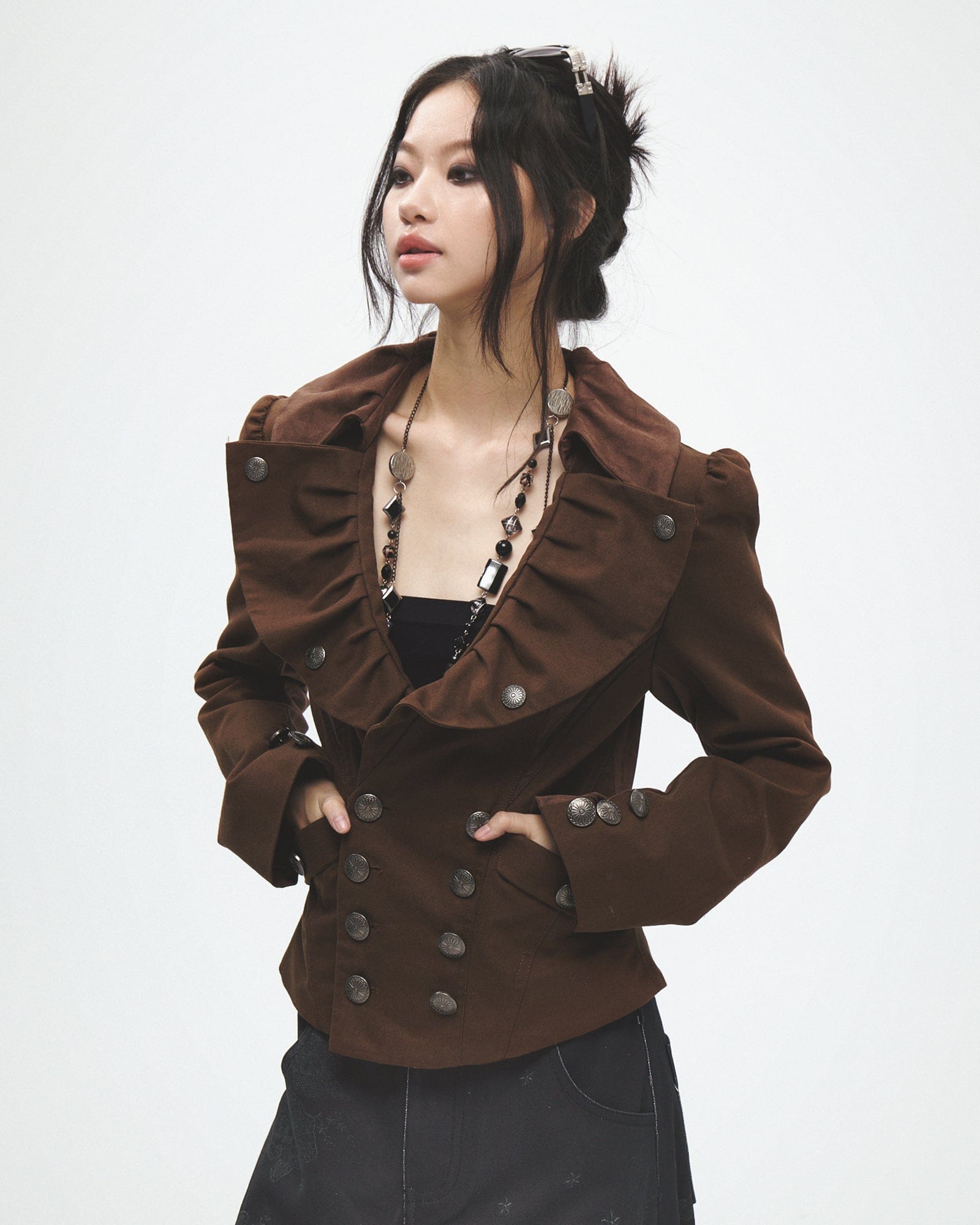 FAYCHUI Retro Pleated Ruffle Collar Jacket
