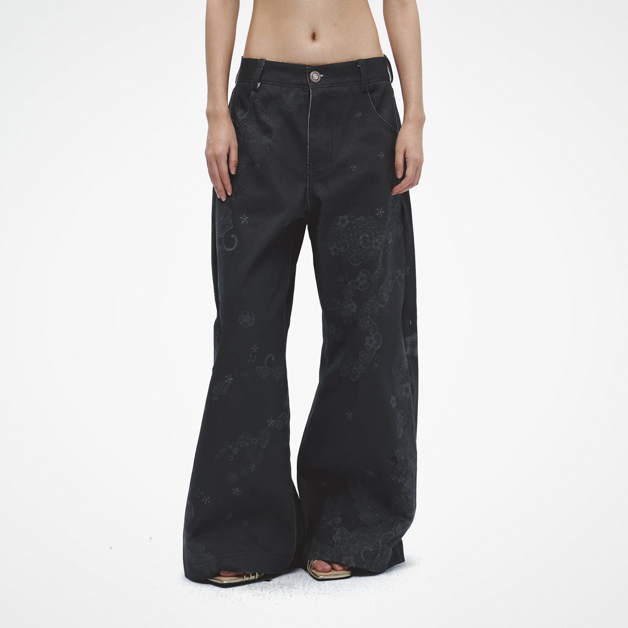 FAYCHUI Lace Graphics Wide-Leg Jeans Black