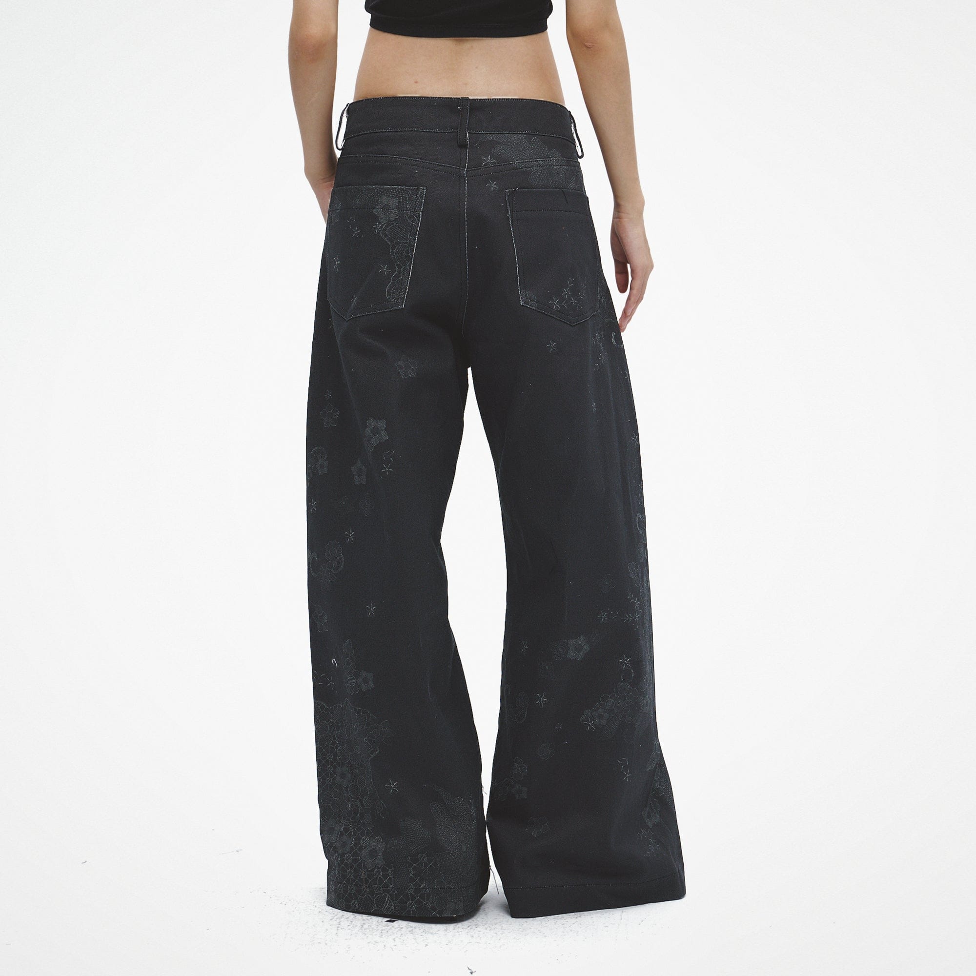FAYCHUI Lace Graphics Wide-Leg Jeans Black
