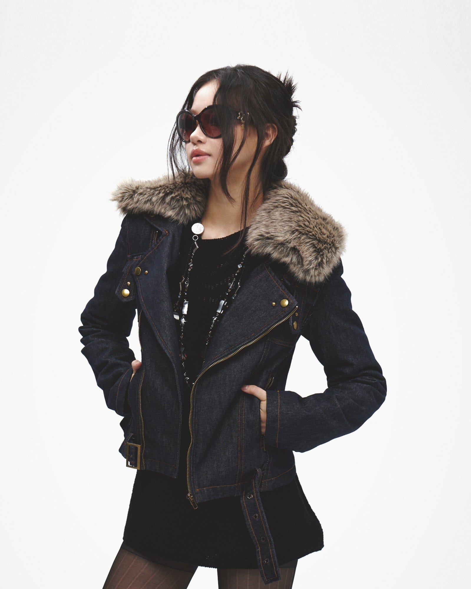 FAYCHUI Faux Fur Collar Asymmetric Denim Jacket