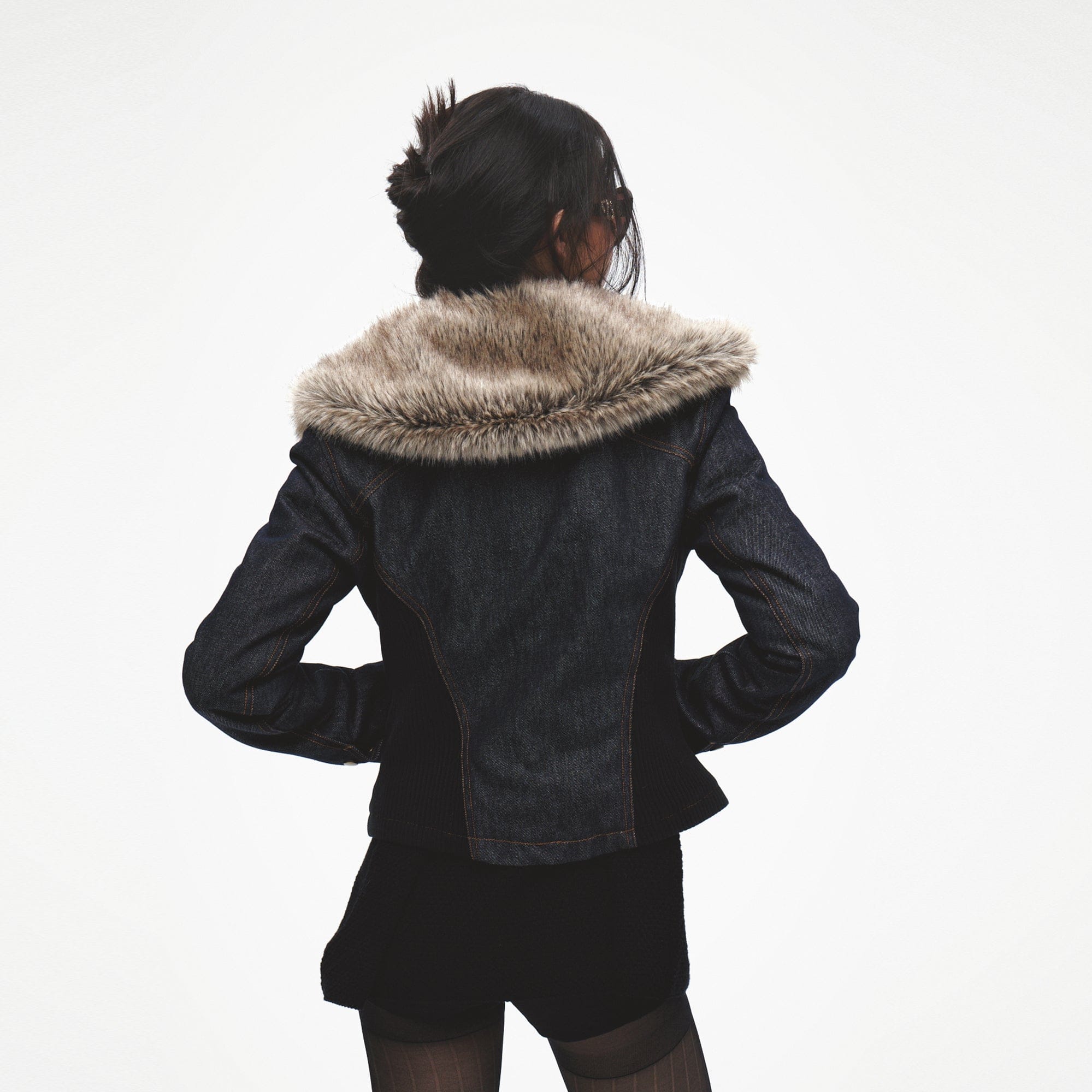 FAYCHUI Faux Fur Collar Asymmetric Denim Jacket