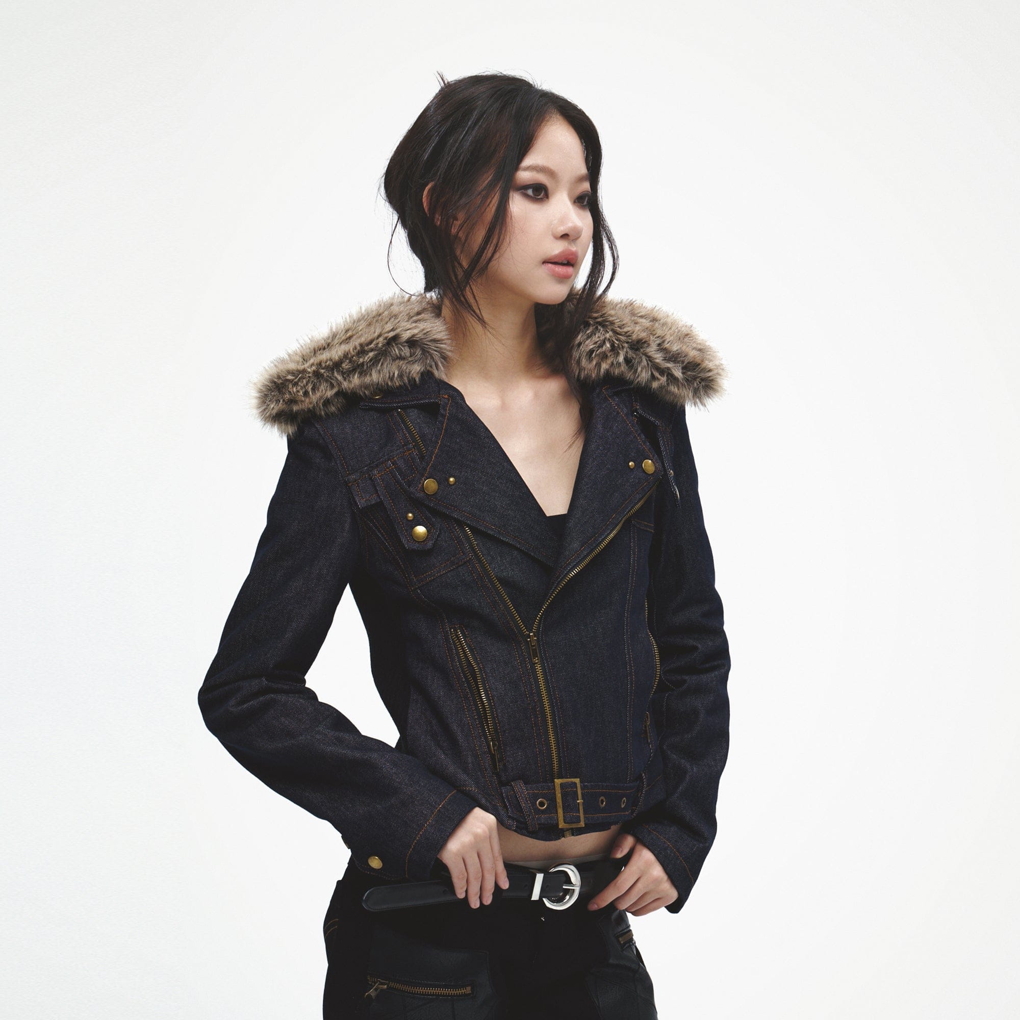 FAYCHUI Faux Fur Collar Asymmetric Denim Jacket