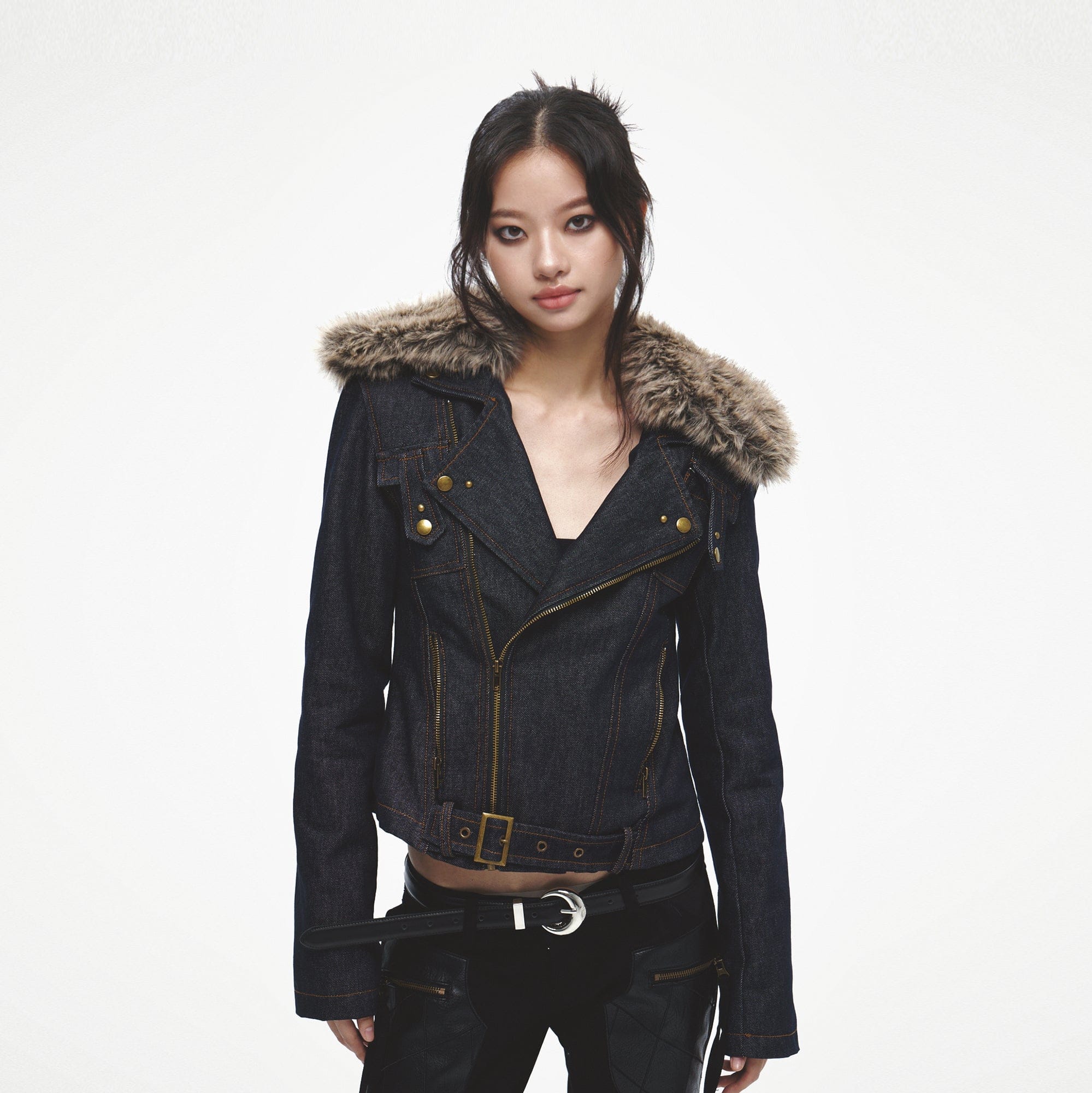 FAYCHUI Faux Fur Collar Asymmetric Denim Jacket