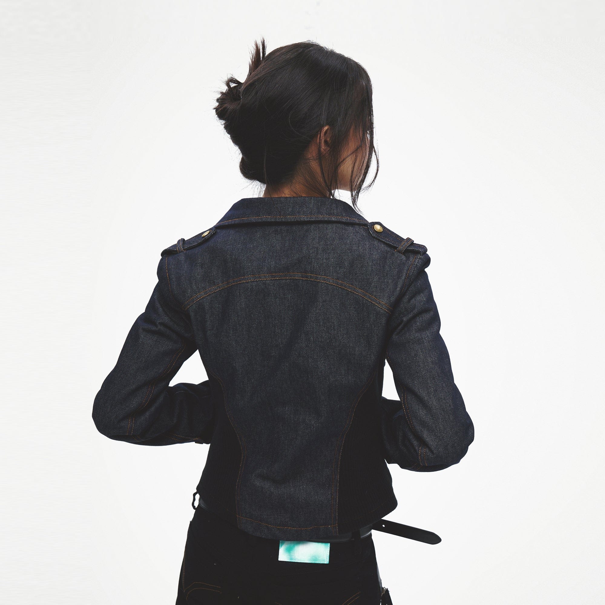 FAYCHUI Faux Fur Collar Asymmetric Denim Jacket