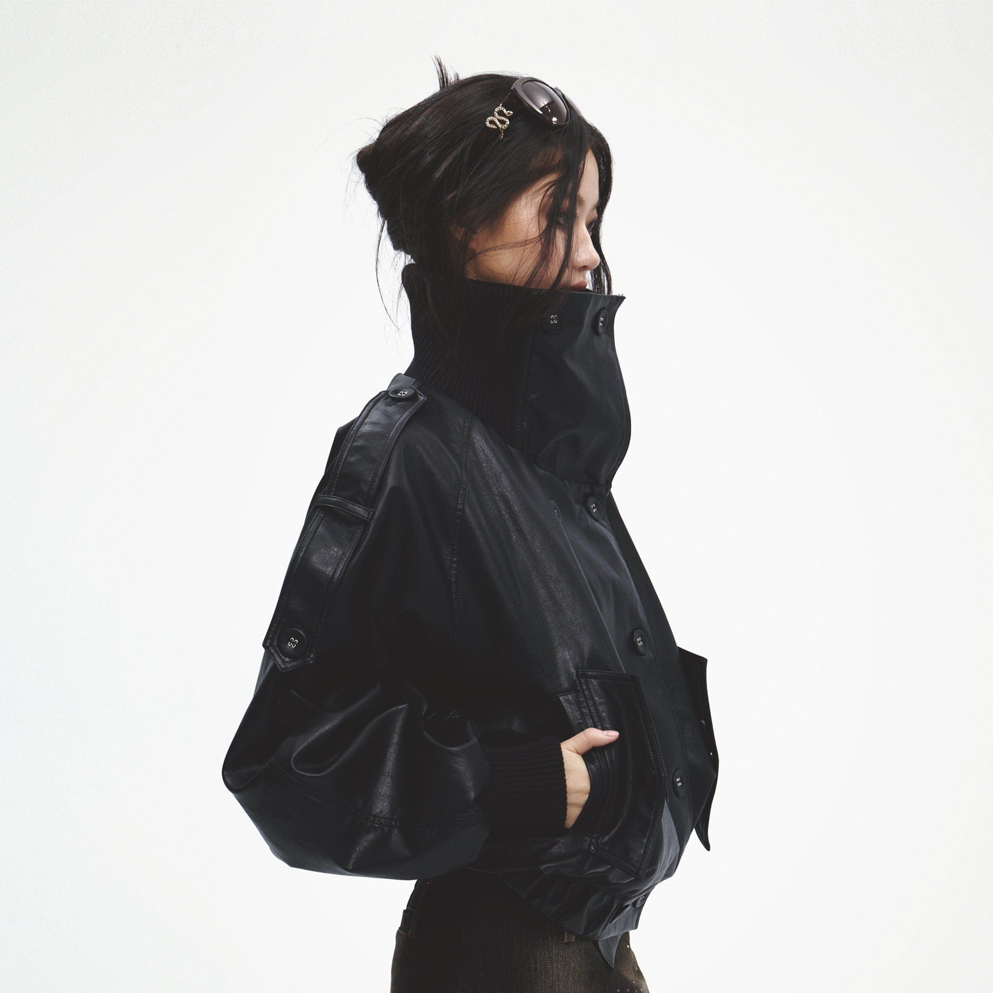 FAYCHUI Double-Breasted Faux Leather Jacket