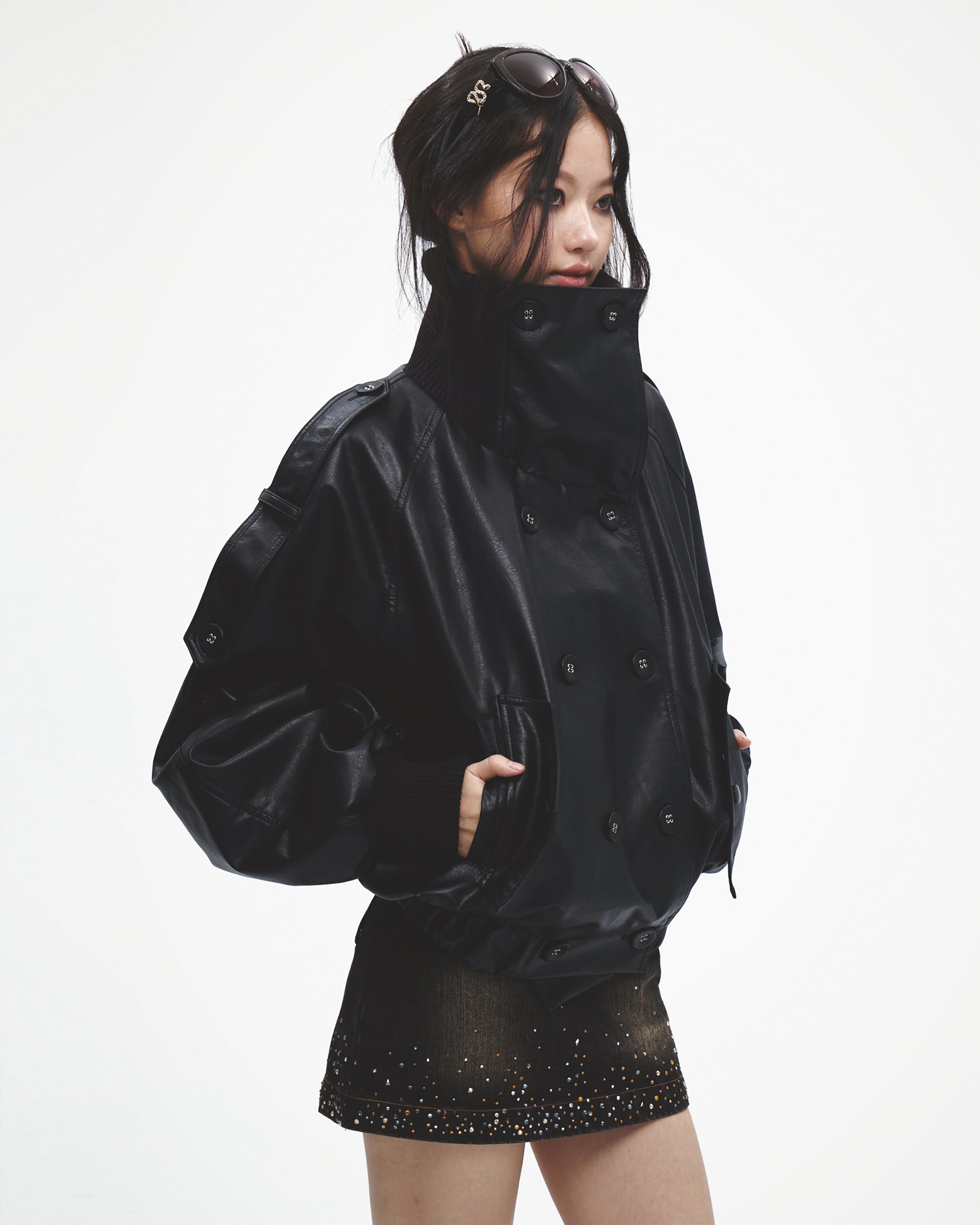 FAYCHUI Double-Breasted Faux Leather Jacket