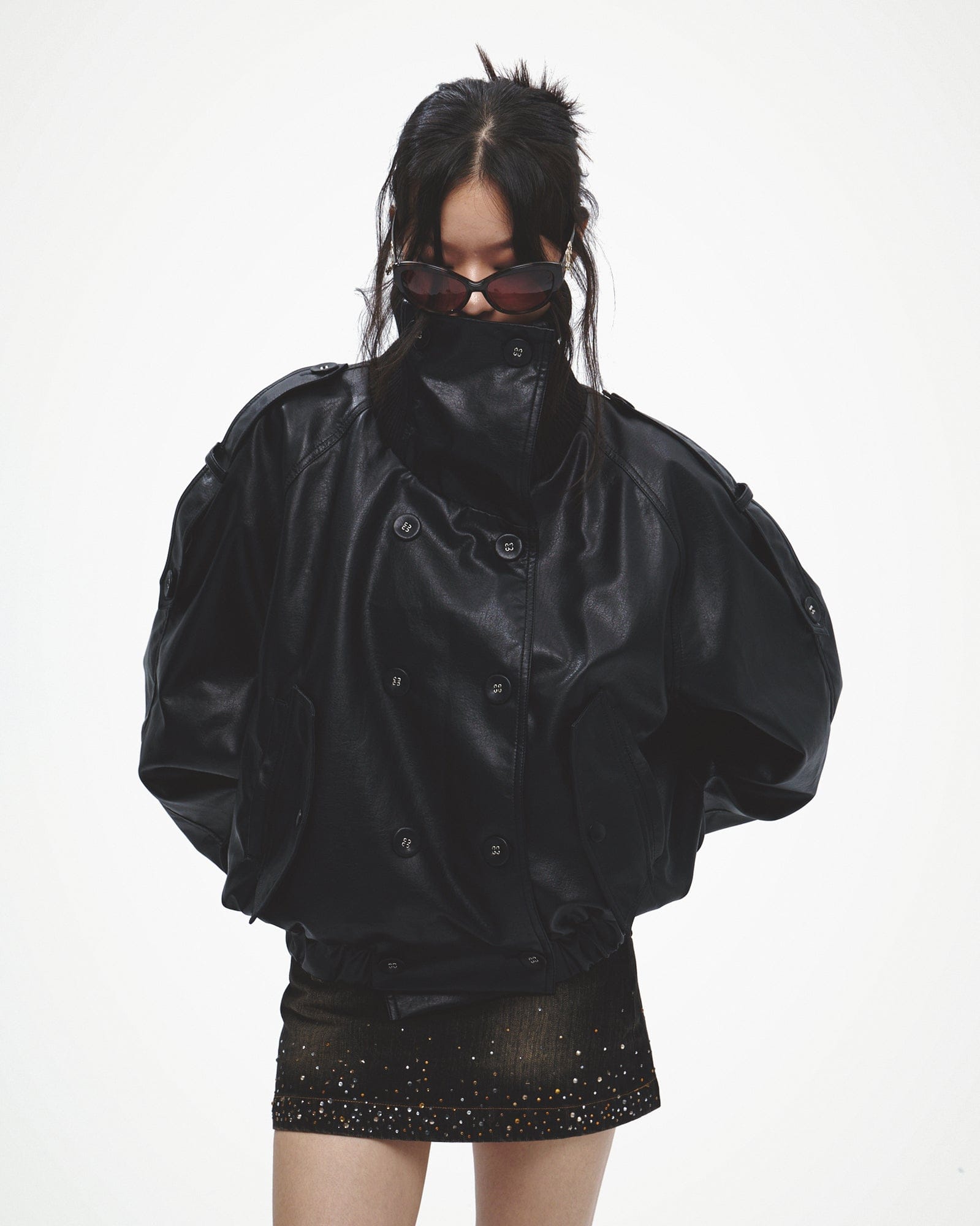 FAYCHUI Double-Breasted Faux Leather Jacket