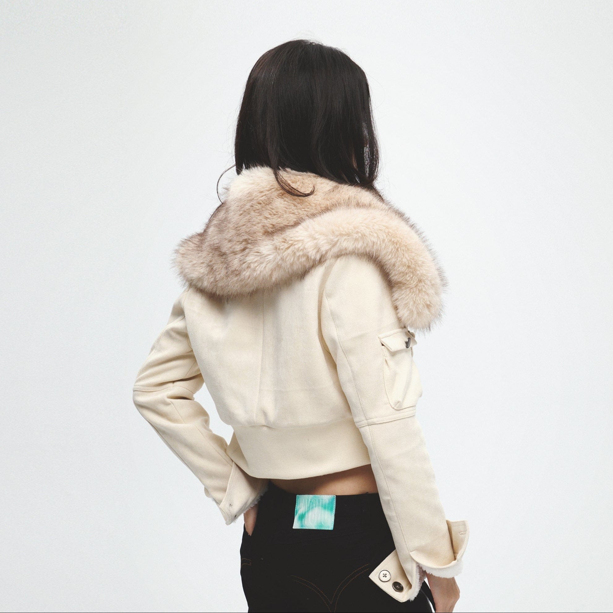 FAYCHUI Faux Fur Collar Studded Cropped Jacket