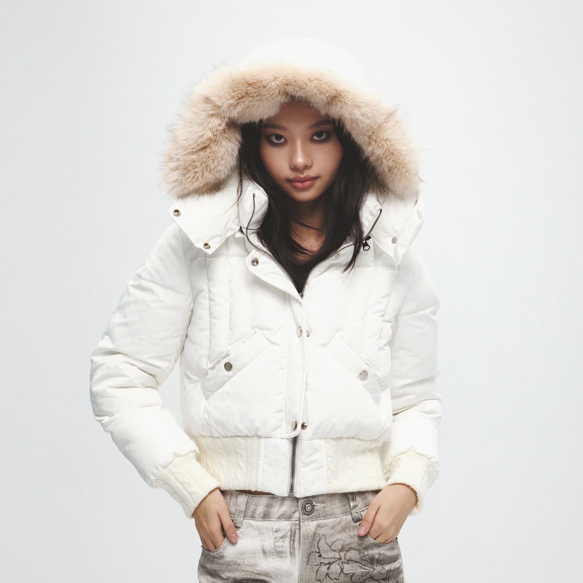 FAYCHUI Fur-Lined Hooded Polka Dot Duck Down Jacket