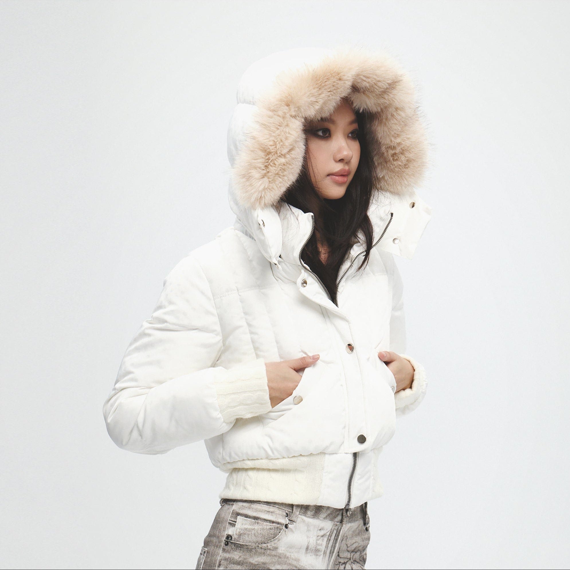 FAYCHUI Fur-Lined Hooded Polka Dot Duck Down Jacket