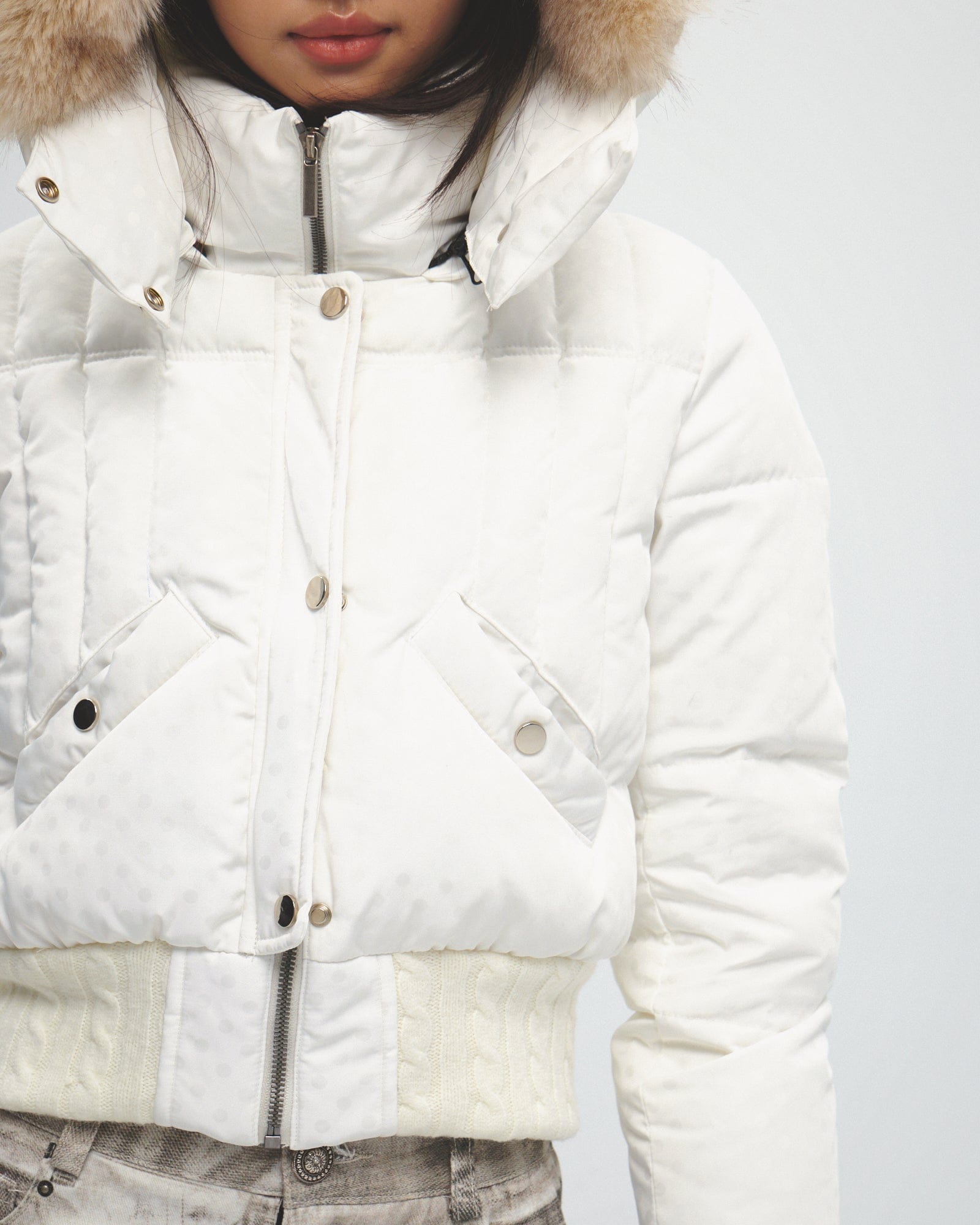 FAYCHUI Fur-Lined Hooded Polka Dot Duck Down Jacket