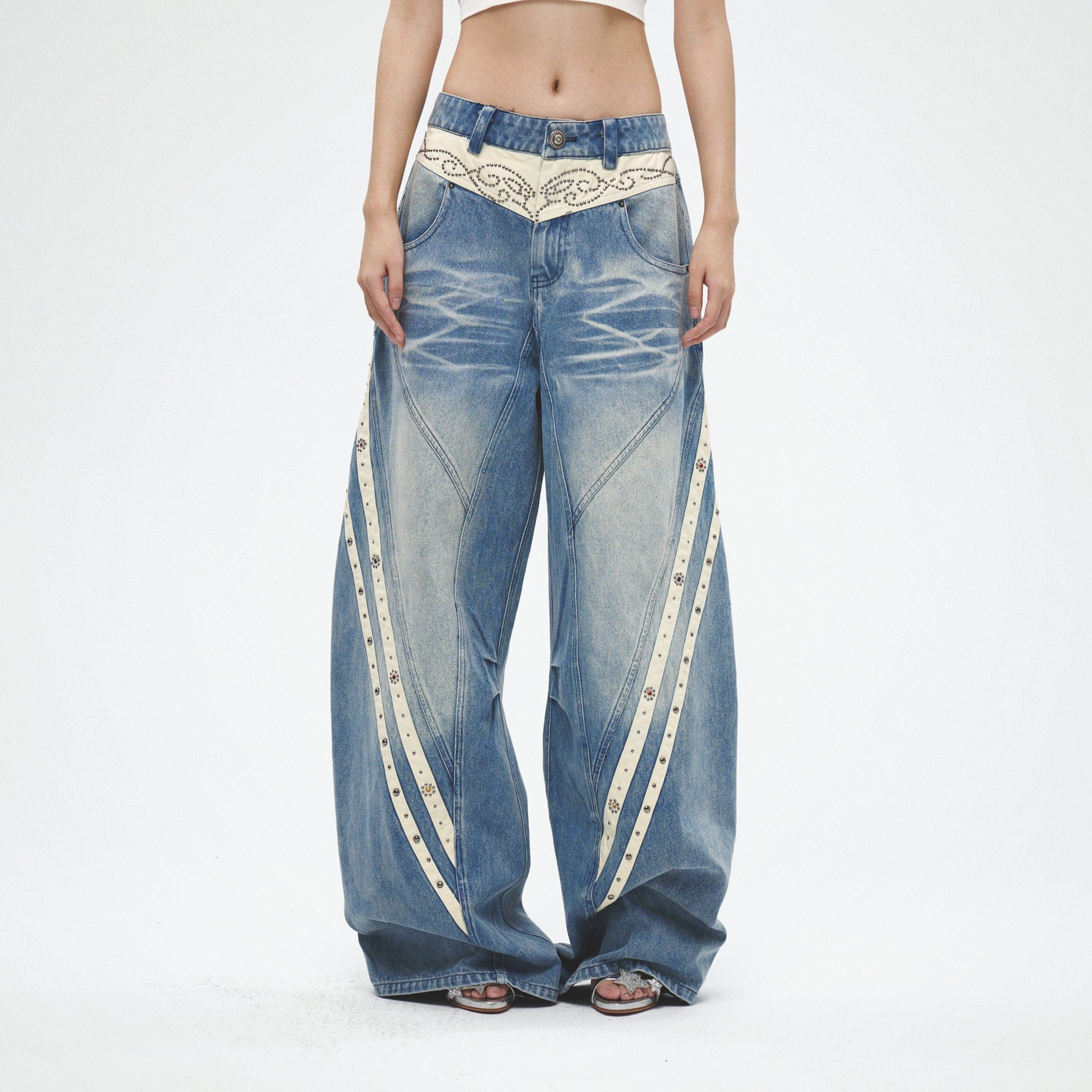 FAYCHUI Diamond Washed Curved Panel Wide-Leg Jeans