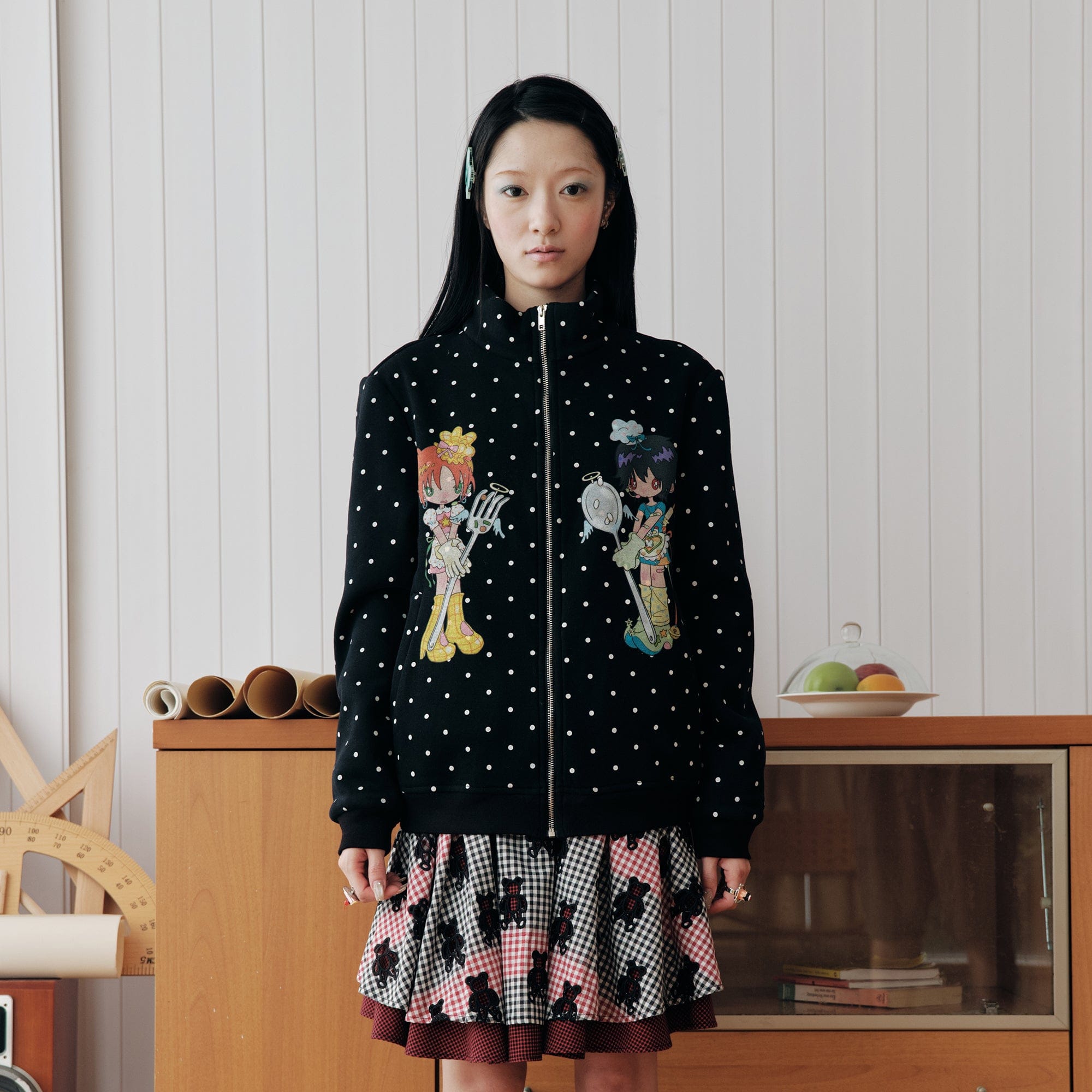 HAVE A MEAL x Sunonebird Polka-Dot Illustrated Fleece Jacket